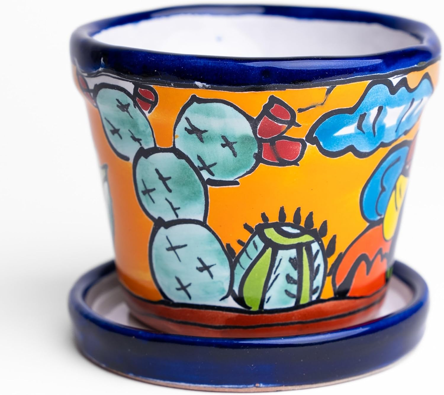 MEXTEQUIL 4" x 4" x 4" Round Yellow Ceramic Talavera Design Plant Pot with Drainage Holes
