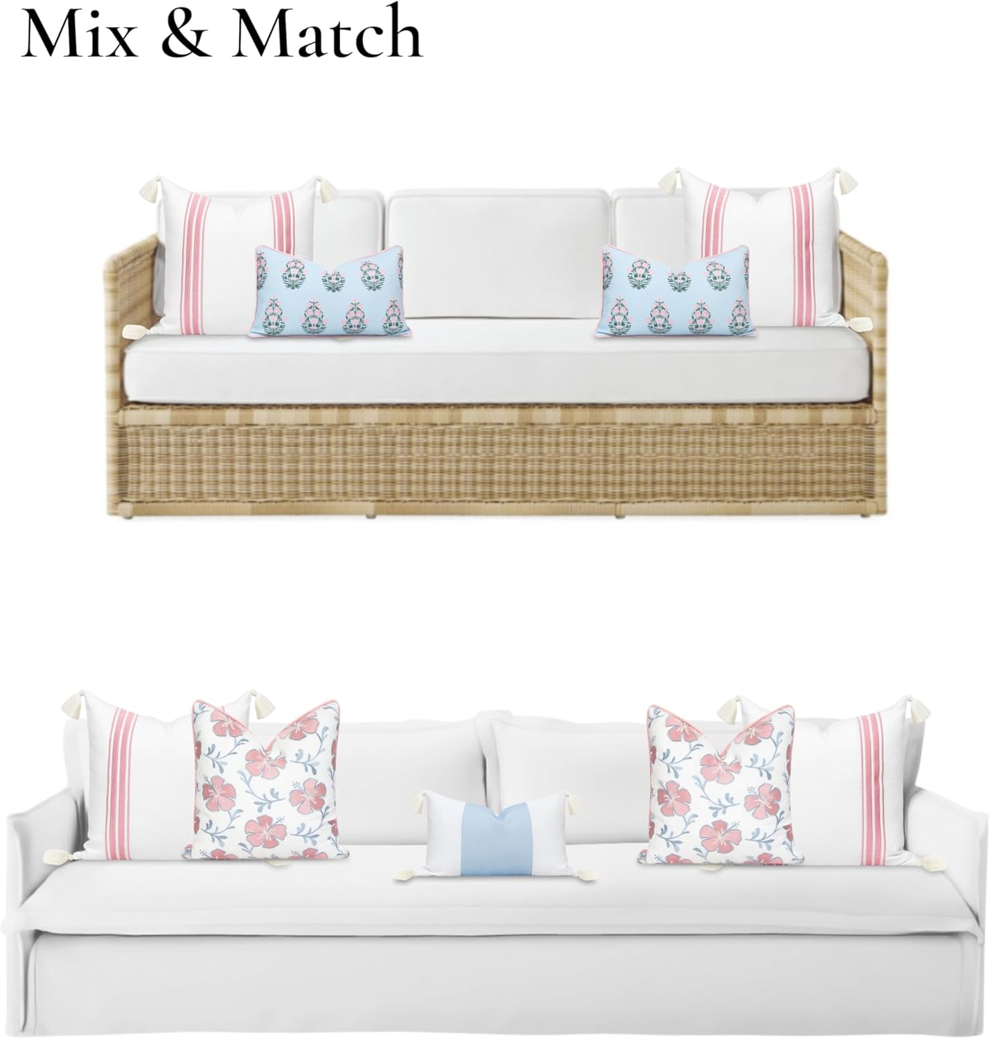 Hofdeco Premium Coastal Patio Indoor Outdoor Throw Pillow Cover Only, 20"x20" Water Repellent for Backyard, Couch, Blush Pink Embroidered Stripes with Tassels