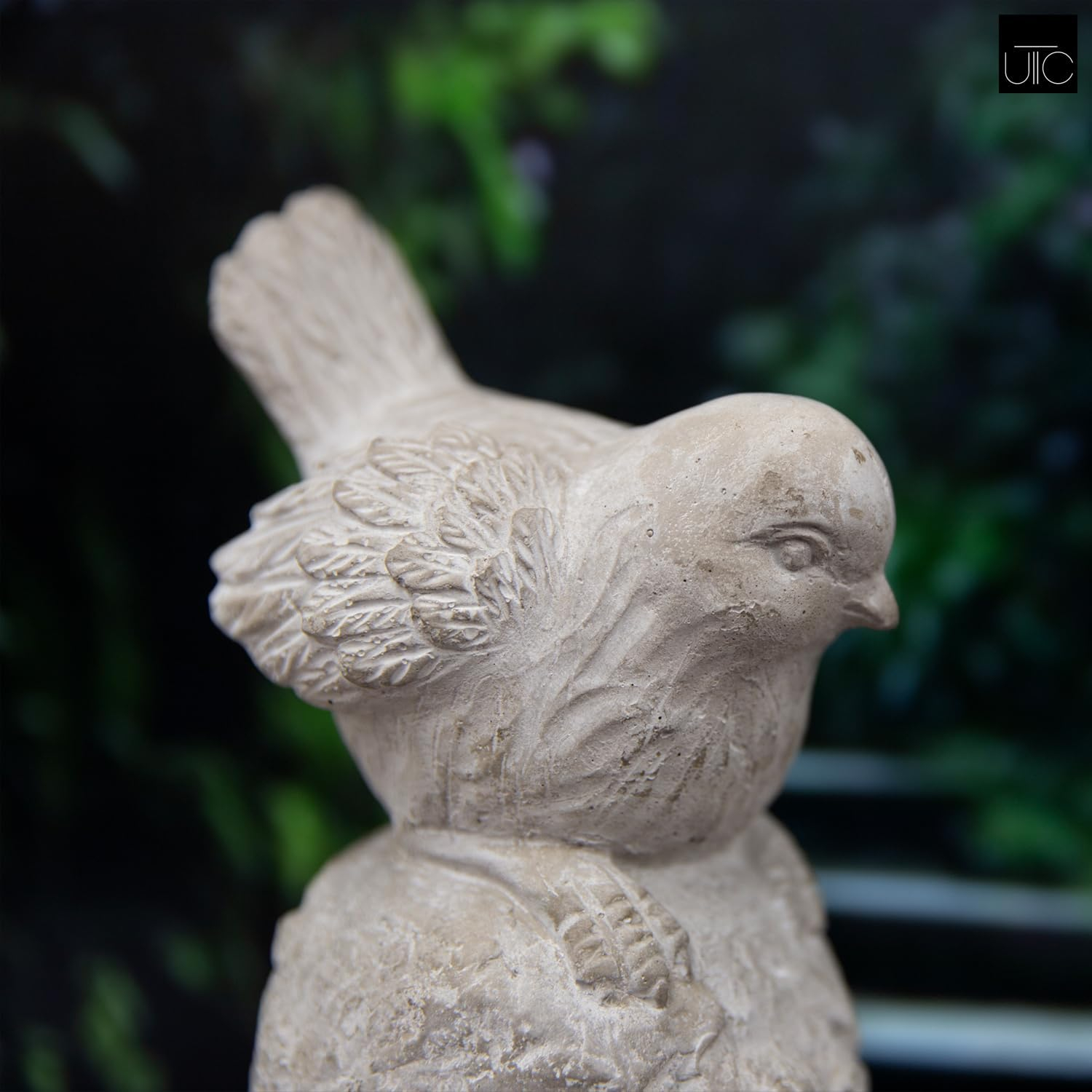 Cement Sitting Bird Figurine with Head Downward on Base, Gray
