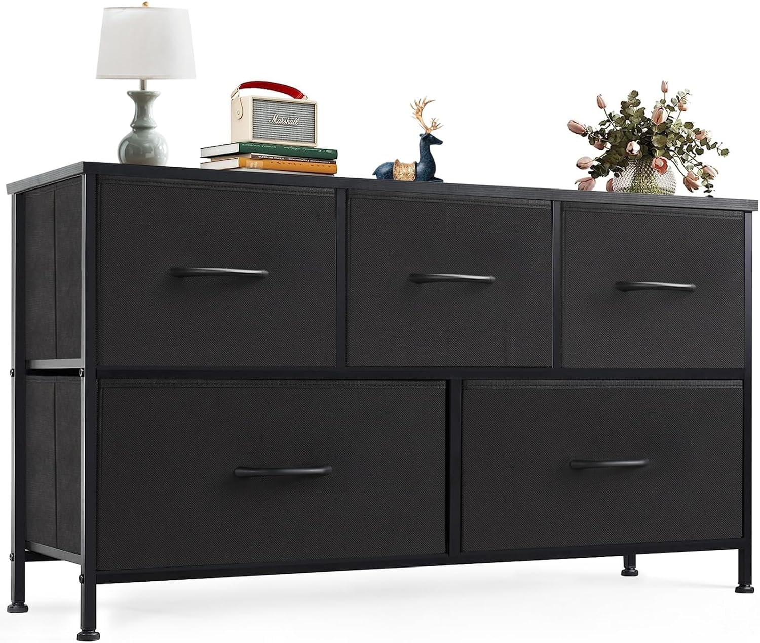 Chest of Drawers with Fabric Bins, Organizer Storage 5, Long Dresser with Wood Top for Bedroom, Closet, Entryway, Rust Brown