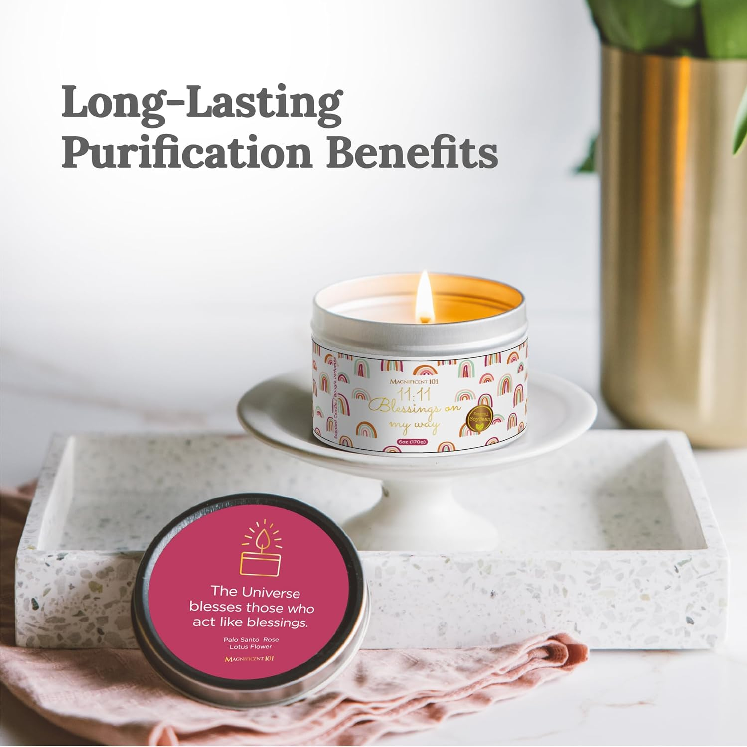 MAGNIFICENT 101 Affirmations Sage, Cedar, Palo Santo, Sprinkle of sage Leaves Smudge Candle for House Energy Cleansing, Banishes Negative Energy - Soy Wax Tin Candle (I Create My Dream Life)