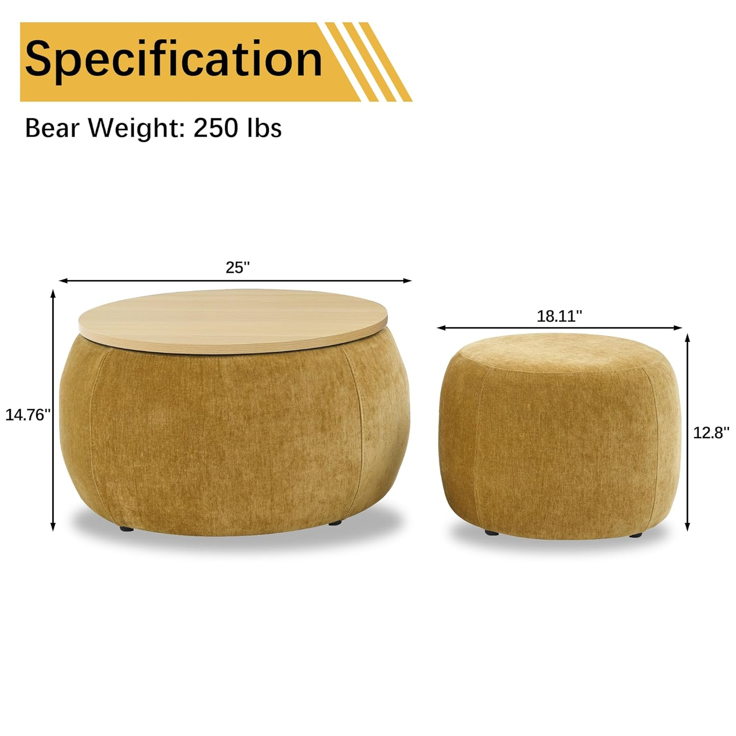 2-Piece Set Round Chenille Storage Ottoman, Equipped with a Drum Shaped Small Stool, Storage Space, and MDF Made Desktop Panel (Dark Blue, 25"x25"x14.7")