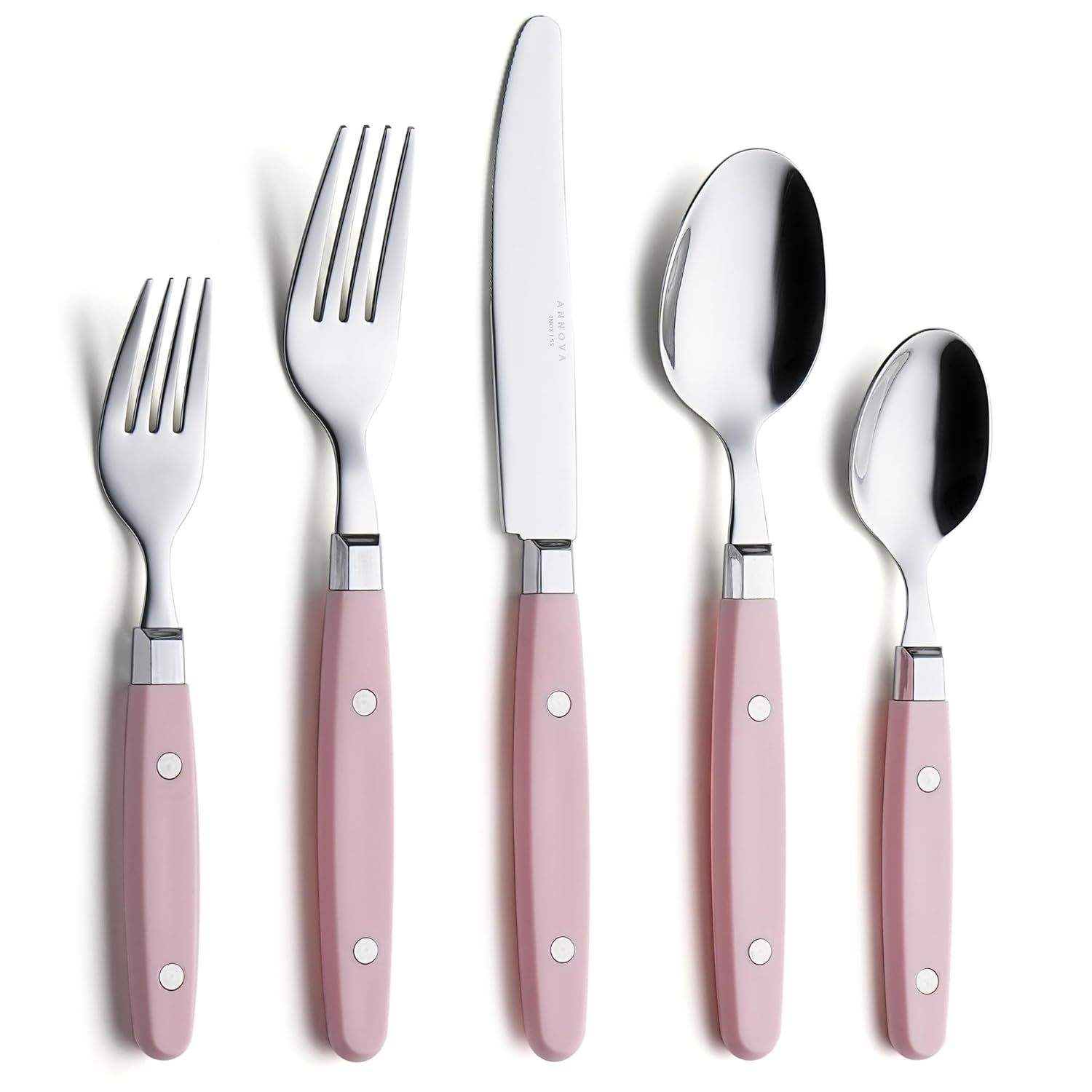 ANNOVA Silverware Set Stainless Steel Cutlery Color Handle With Rivet/Retro Flatware (Light Pink, 20 Pieces)