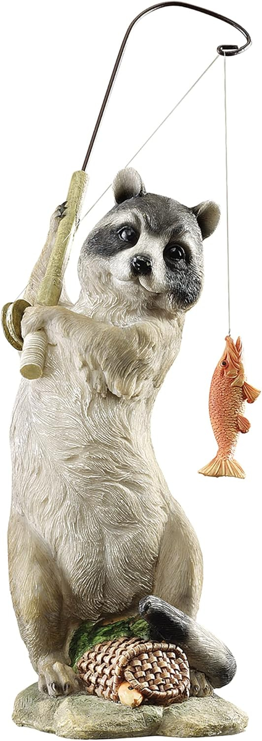 Hand-Painted Resin Raccoon Fisherman Statue with Wicker Basket