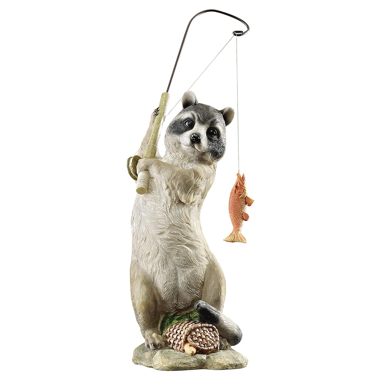 Hand-Painted Resin Raccoon Fisherman Statue with Wicker Basket