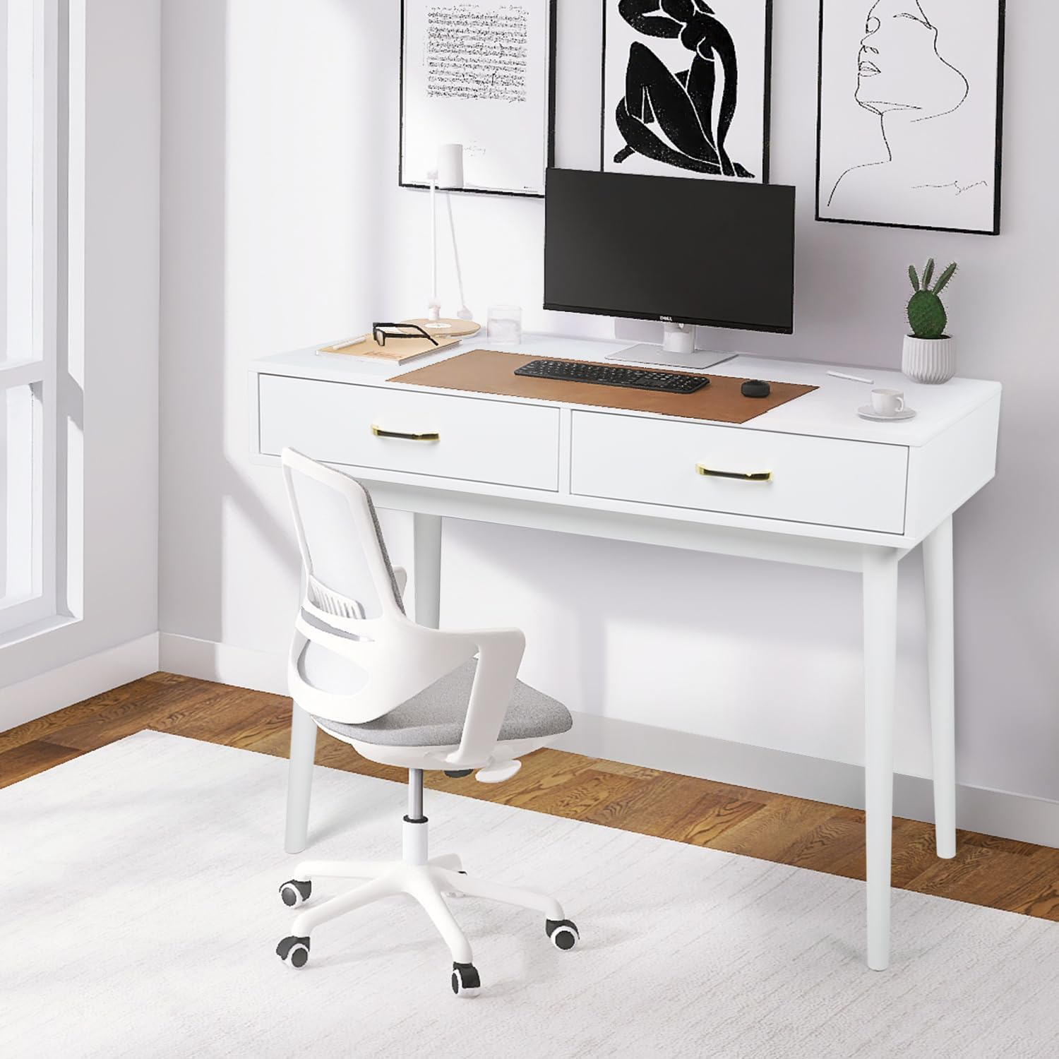 Small White Desk with 2 Drawers, Modern Writing Desk for Small Spaces, Home Office Desk for Study, Laptop Computer Desk for Work, Makeup Vanity Table for Bedroom (White)