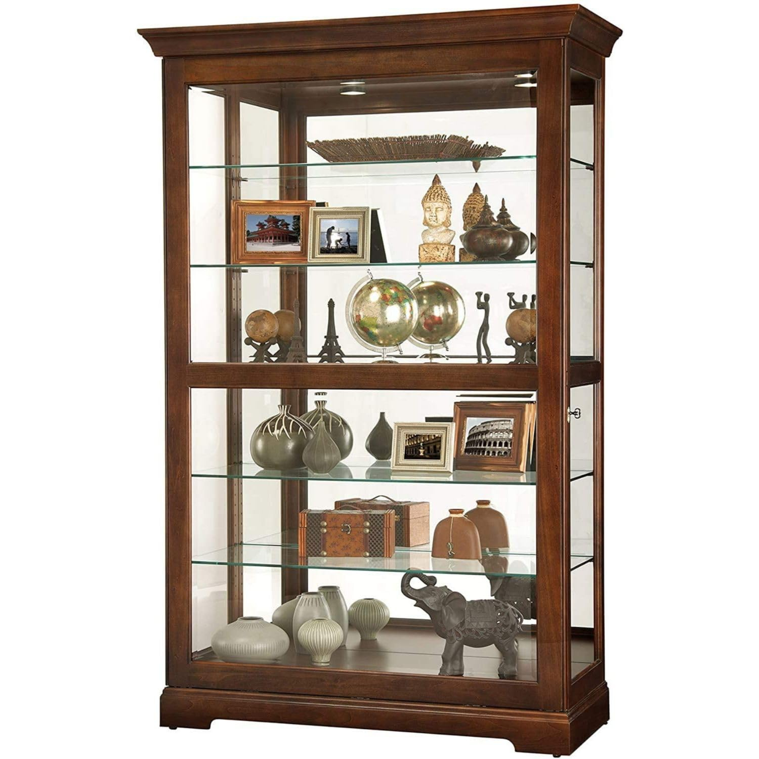 Cherry Bordeaux Traditional Corner Curio Cabinet with Lighting