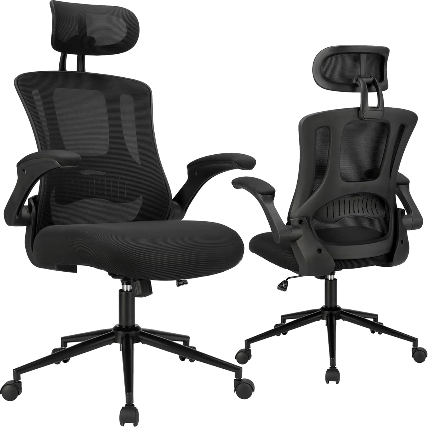 PrimeZone Ergonomic Office Desk Chair - Comfy Mesh Computer Chair with Flip-up Arms & Lumbar Support & Headrest & Tilt Function, Big and Tall High Back Chair for Home Office, 300 lbs Capacity, Black