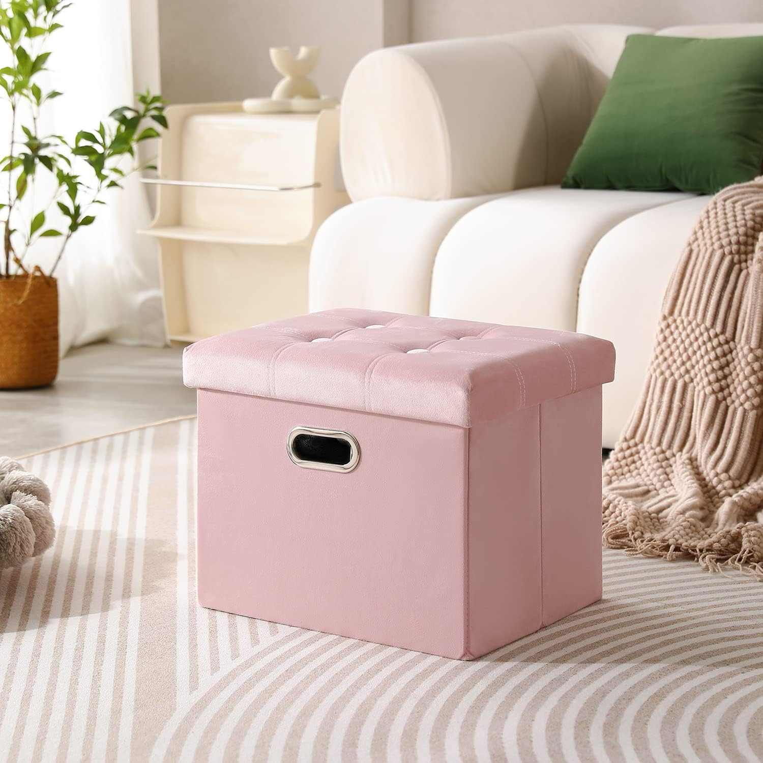 PRANDOM Extra Large Ottoman with Storage [1-Pack] Velvet Folding Small Square Foot Stool with Lid for Toy Living Room Bedroom Coffee Table Dorm Pink 30.5x15x15 inches