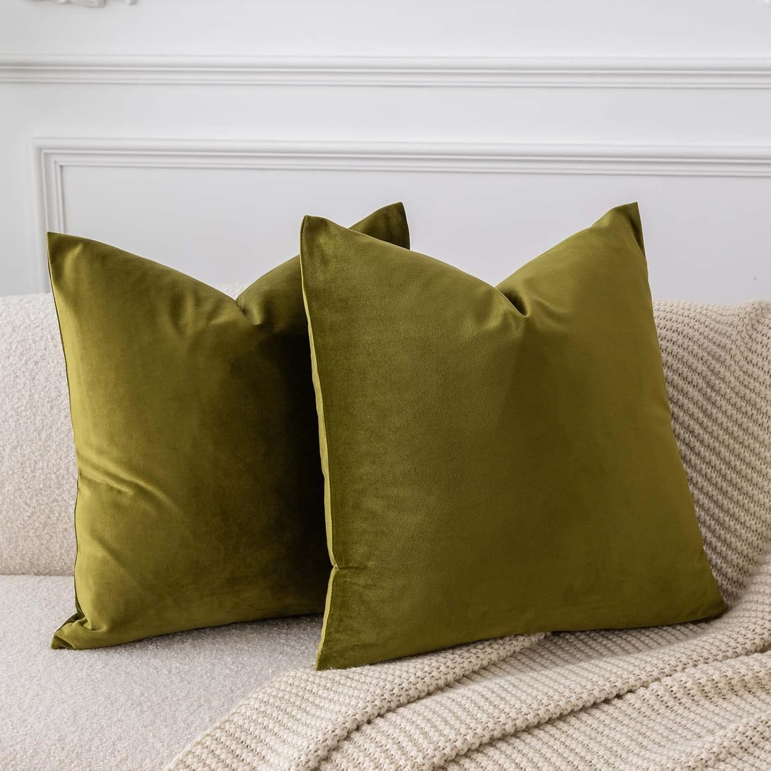 JUSPURBET Throw Pillow Covers Set of 2 Decorative 26x26 Velvet Pillow Covers for Couch Sofa Bed Soft Cushion Covers Cases with Invisible Zipper for Living Room Home Decor,Olive Green