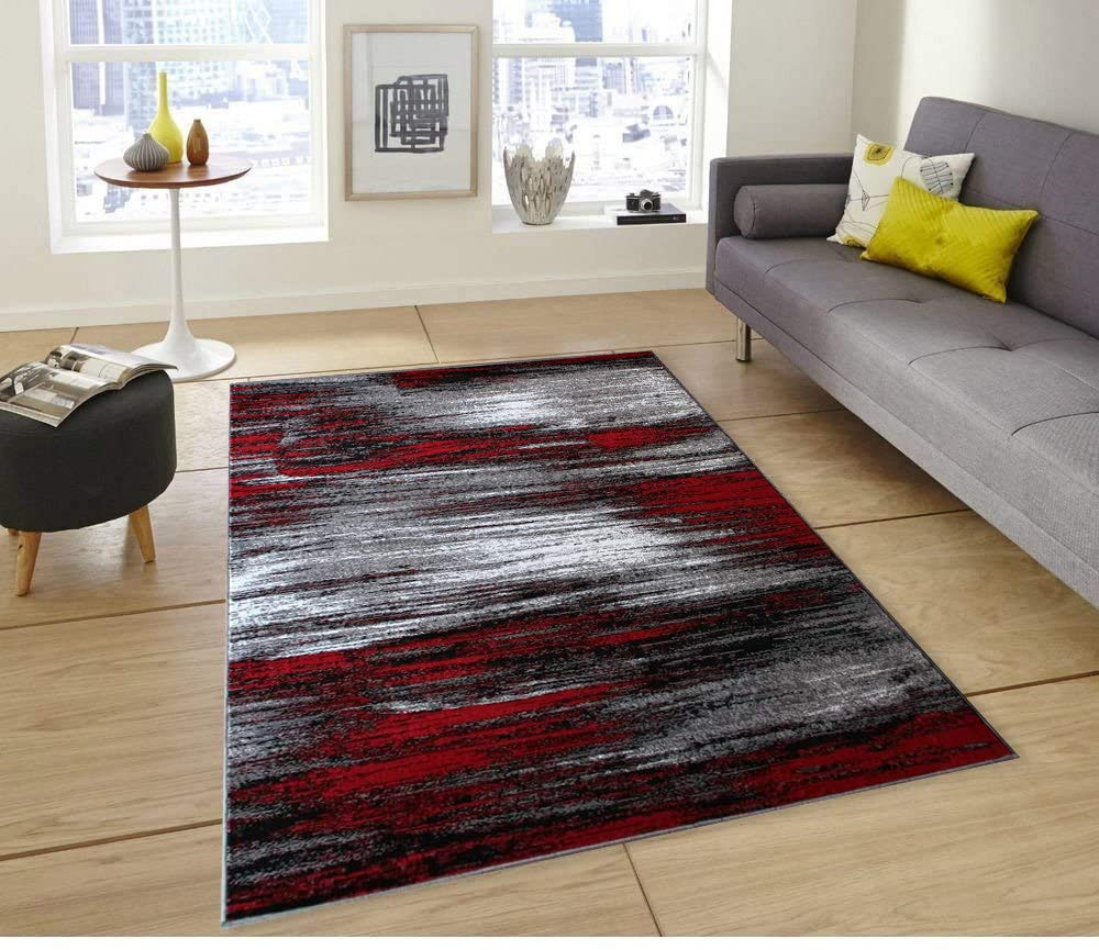 BizChair Modern Contemporary Area Rug, Red Grey Black (5 Feet X 7 Feet)