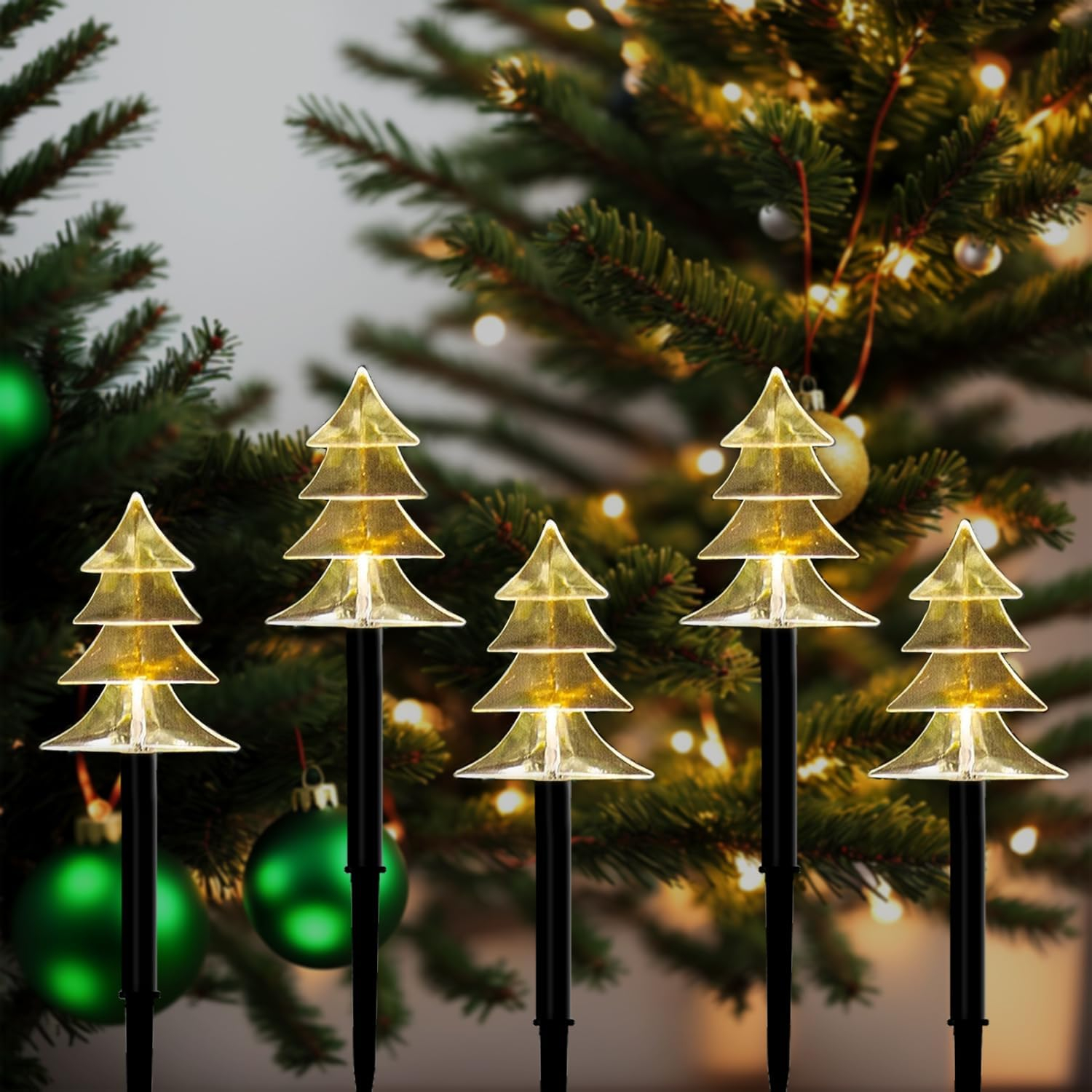 Enkey Christmas Solar Pathway Lights, Set of 5 Waterproof Landscape Christmas Lights, Stake Christmas Decorations, LED Lights for Yard Lawn Patio Walkway Decor (5PCS-Warm White-Tree)