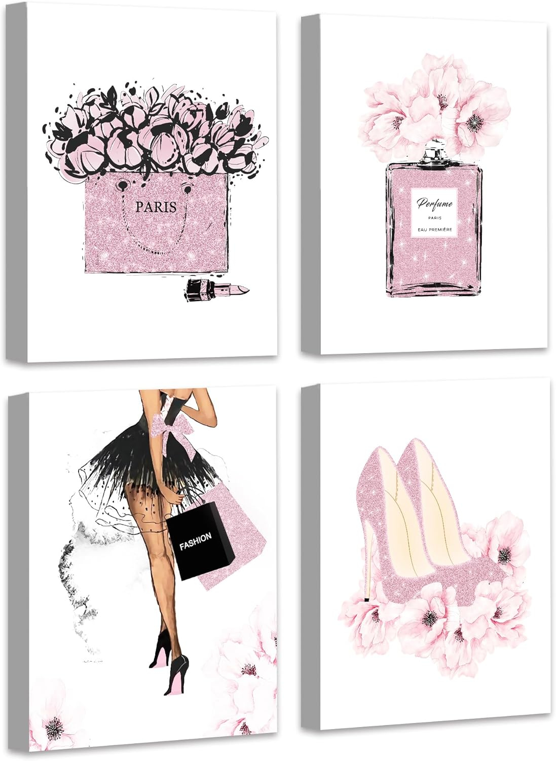 Drsoum Glam Pink Fashion Wall Decor,Woman Makeup Framed Wall Art,Hot Pink Girly Room Decor,Perfume Handbags High Heels Lipstick Wall Paintings Set of 4, 8x10 in (Framed)