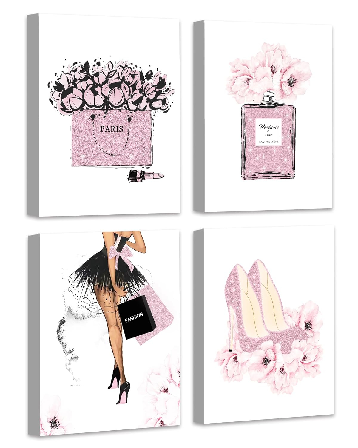 Drsoum Glam Pink Fashion Wall Decor,Woman Makeup Framed Wall Art,Hot Pink Girly Room Decor,Perfume Handbags High Heels Lipstick Wall Paintings Set of 4, 8x10 in (Framed)