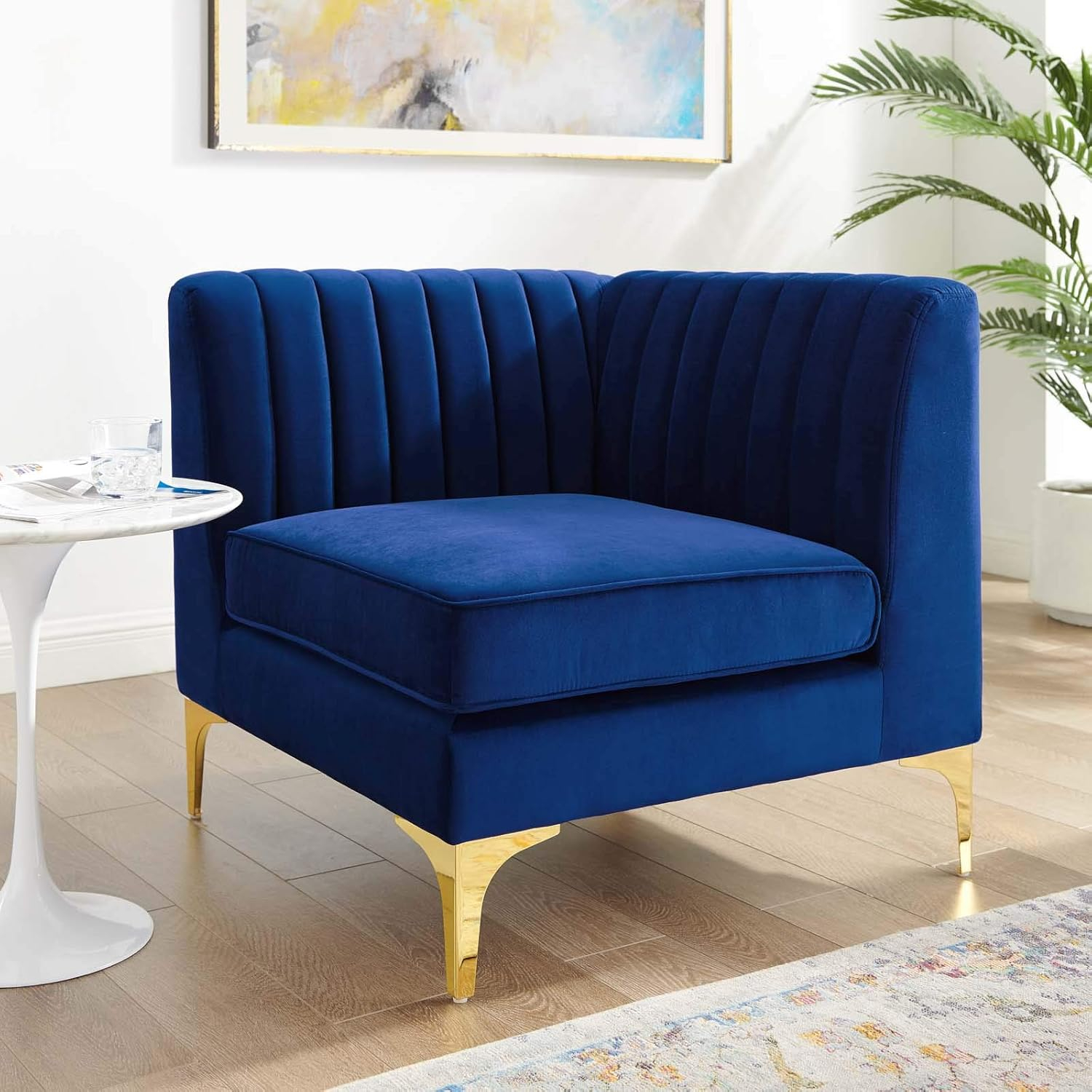 Pemberly Row Modern Channel Tufted Performance Velvet Corner Chair in Navy