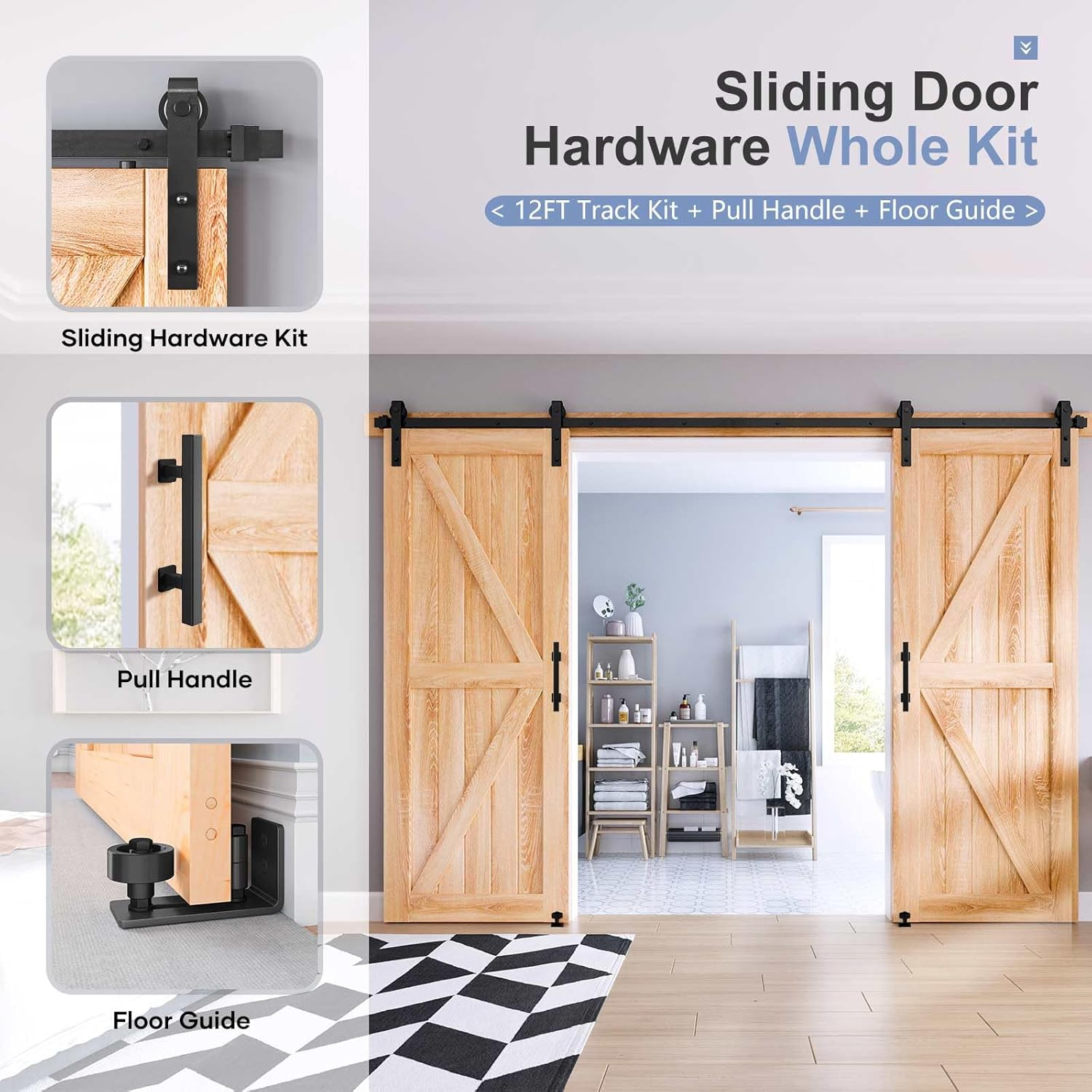EaseLife 12 FT Double Door Sliding Barn Door Hardware Track Kit,Basic J Pulley,Heavy Duty,Slide Smoothly Quietly,Easy Install (12FT Track Kit for Double 36" Wide Door)