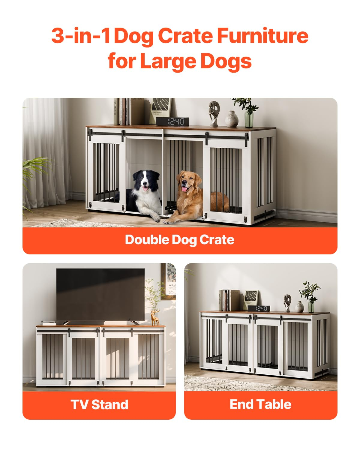 VEVOR 72"Dog Crate Furniture for 2 Dogs,Double Dog Crate Furniture with Double Sliding Doors,Large Dog Crate TV Stand with Removable Tray,Steel Frame Double Dog Crate for Small,Medium,Large Dogs White
