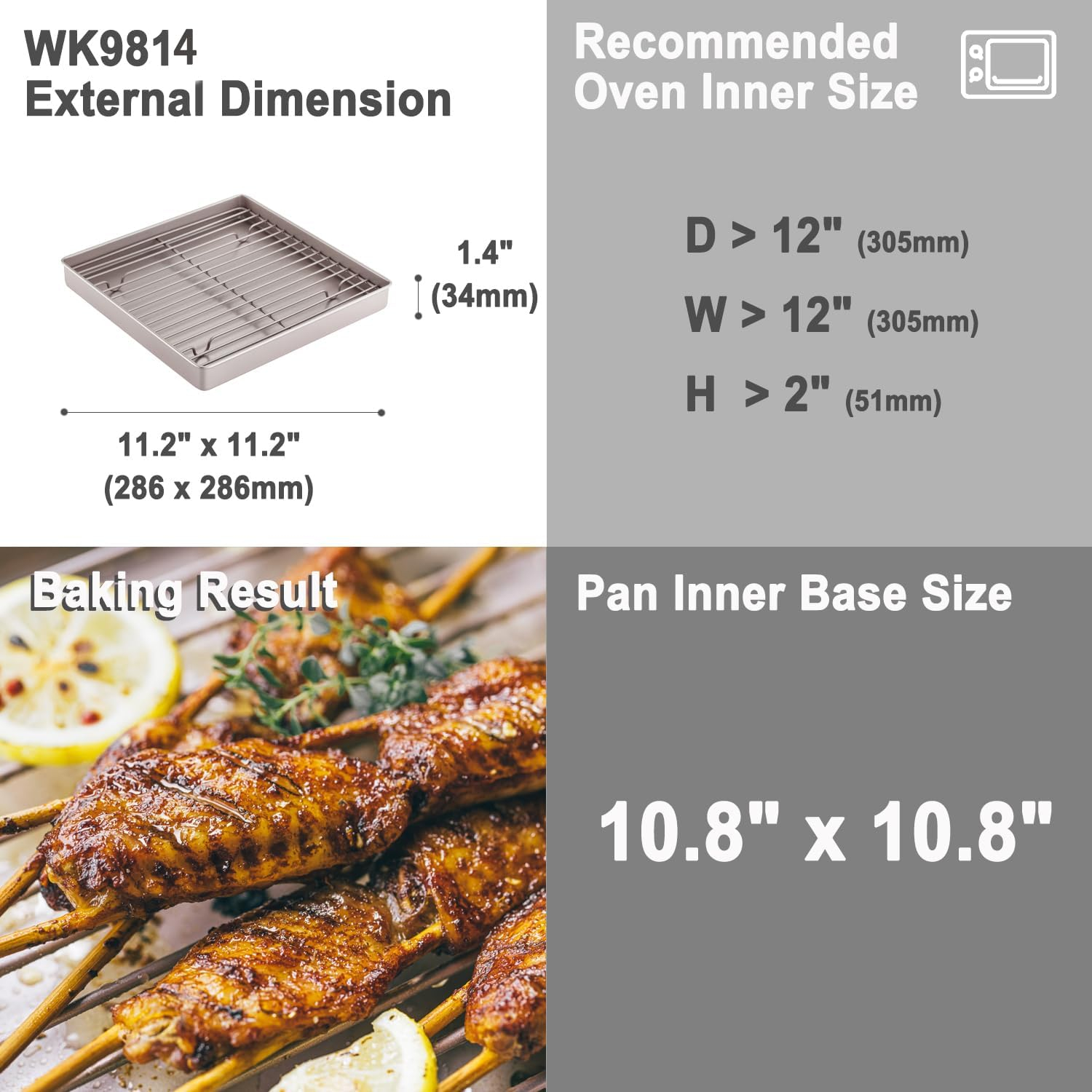 CHEFMADE Roasting Pan with Rack, 11-inch Non-Stick Square Shallow Dish Sheet Pan with Wire Rack for Oven Baking, BBQ and Roasting 11.2" x 11.2" x 1.4" (Champagne Gold)