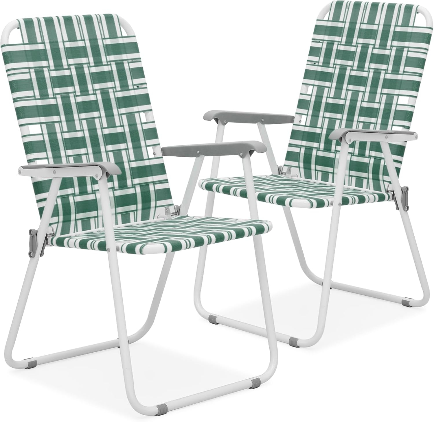 MoNiBloom Folding Webbed Beach Chairs Set of 2, Portable Camping Woven Seats with Armrests, for Outdoor Patio Lawn, Dark Green