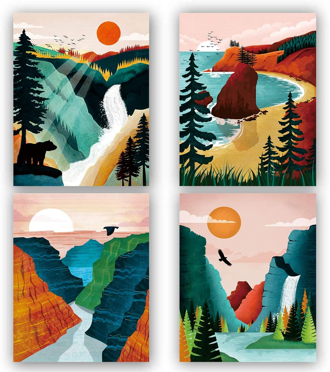 National Park Poster ,National Parks Art Prints,Nature Wall Art, Grand Canyon , Sierra Nevada mountains，Olympic National Park Art For Home and Living Room Wall Art Decor Set of 4 (8”X10” ， No Frame