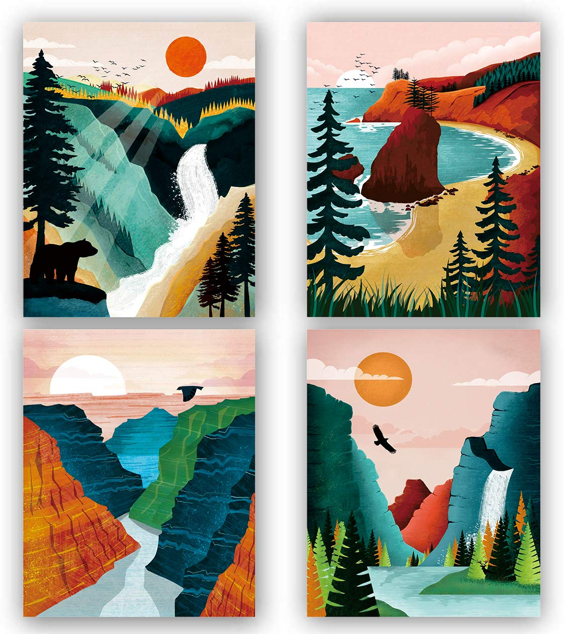 National Park Poster ,National Parks Art Prints,Nature Wall Art, Grand Canyon , Sierra Nevada mountains，Olympic National Park Art For Home and Living Room Wall Art Decor Set of 4 (8”X10” ， No Frame