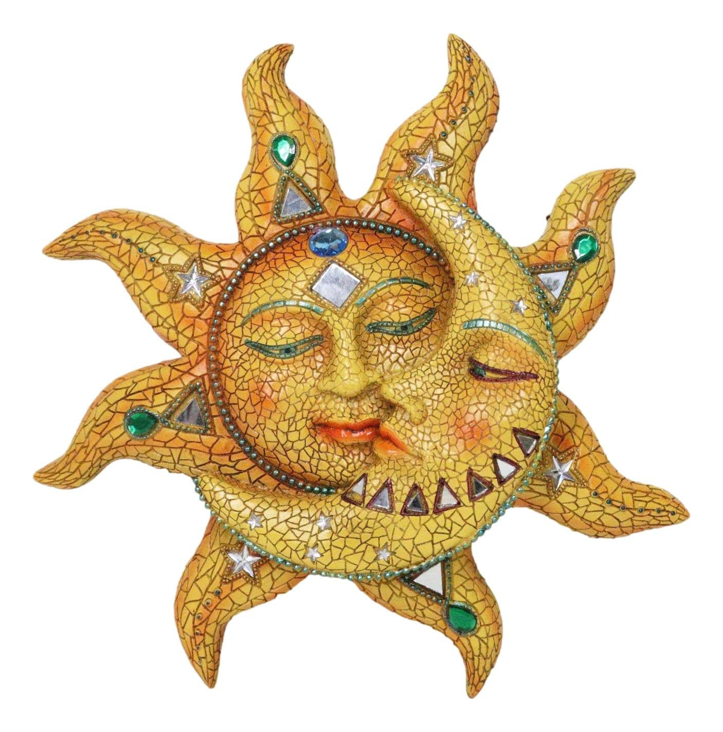 Ebros Cara de Mosaico Naranja Sol con Luna de Mosaico Amarillo, Decoración de Placa de Pared de 13"H