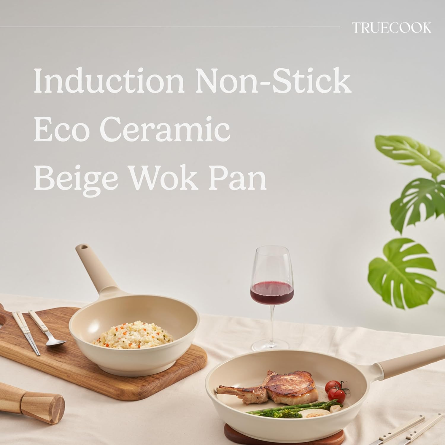 Beige Eco Ceramic Non-Stick Induction Wok Pan, 28cm
