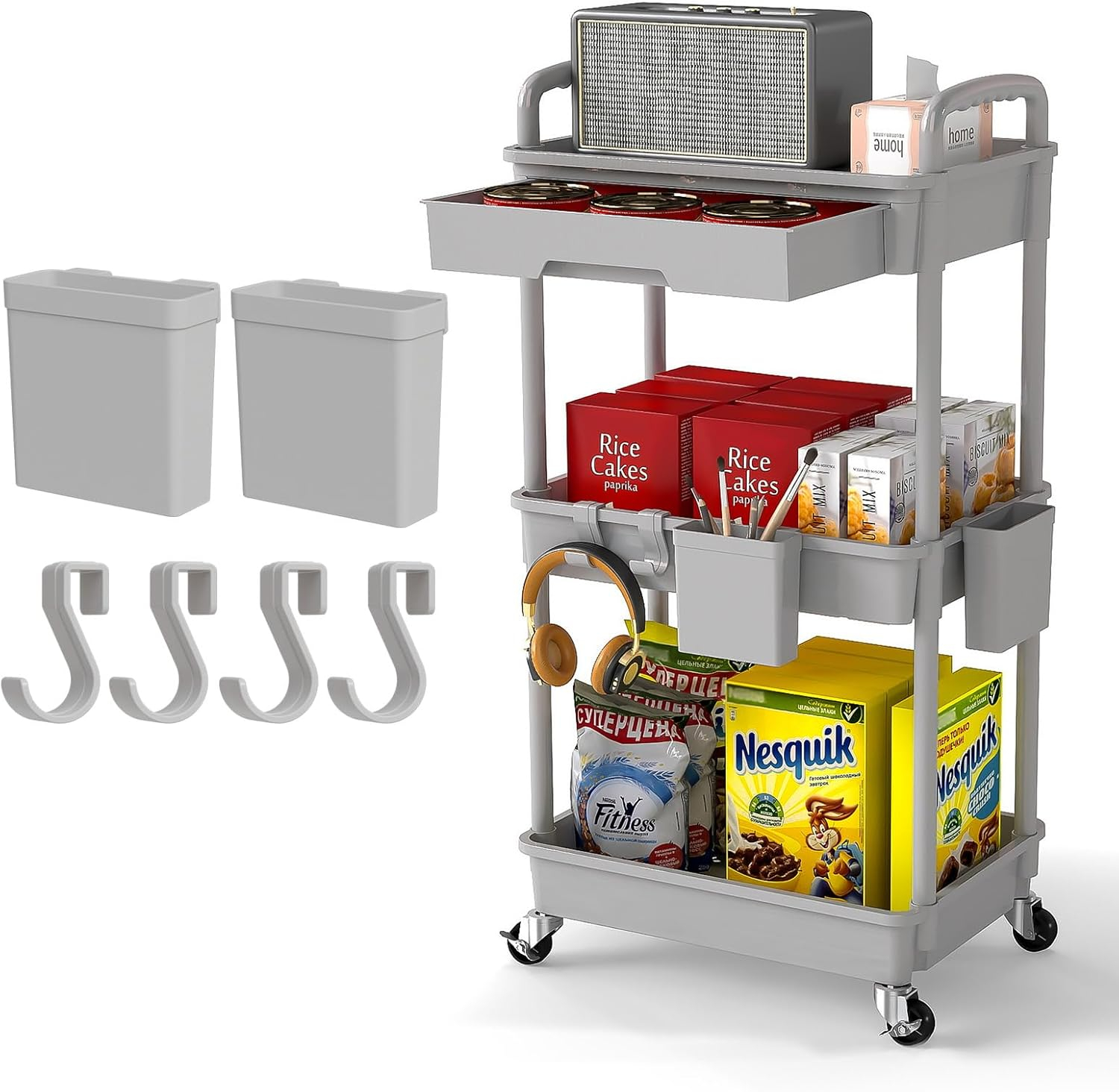 3 Tier Rolling Utility Cart with Drawer,REBECAT Utility Cart Made of Multifunctional Storage Organizer Tool for Kitchen,Bathroom,Living Room,Office(Gray)