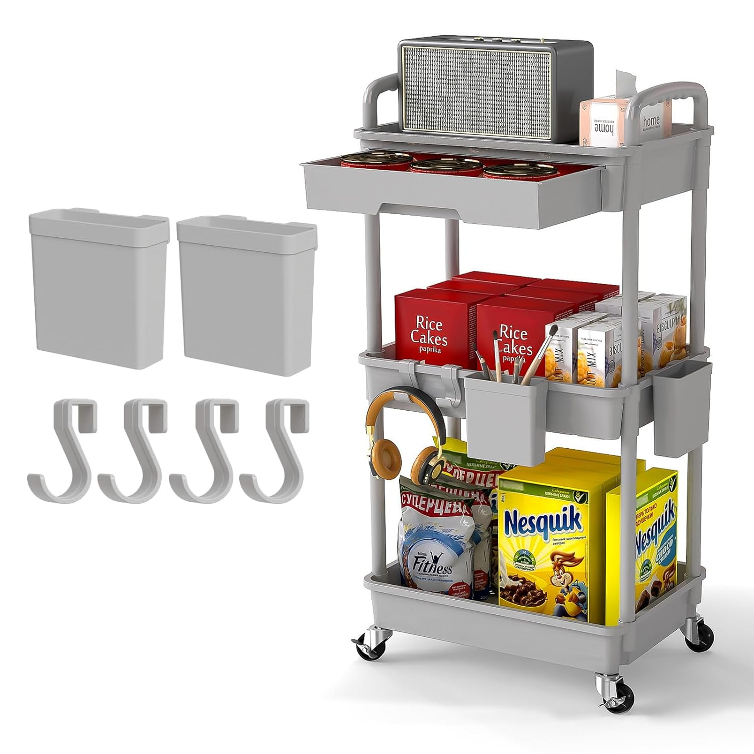 3 Tier Rolling Utility Cart with Drawer,REBECAT Utility Cart Made of Multifunctional Storage Organizer Tool for Kitchen,Bathroom,Living Room,Office(Gray)