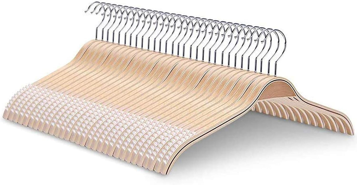 Lightweight Non Slip Wooden Hangers - 30 Pack Heavy Duty Wood Coat Hangers with Soft Stripes for Camisole, Jacket, Dress Clothes, Sweater, Natural Finish