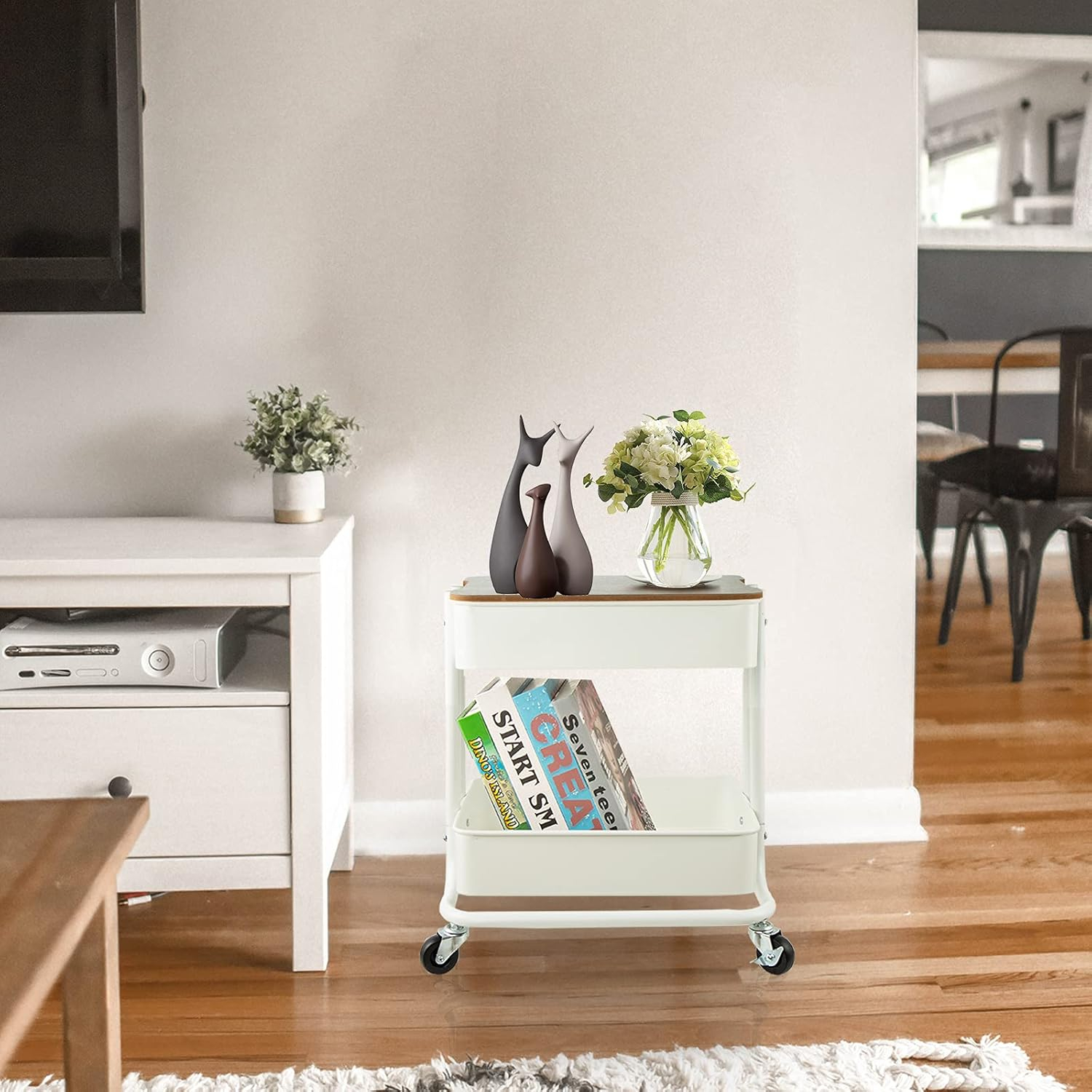 Melody House 2 Tier Metal Utility Rolling Cart Storage Organizer with Cover Board, Mobile Trolley Sofa Side Table with Wheels for Office Home Kitchen Organization, White