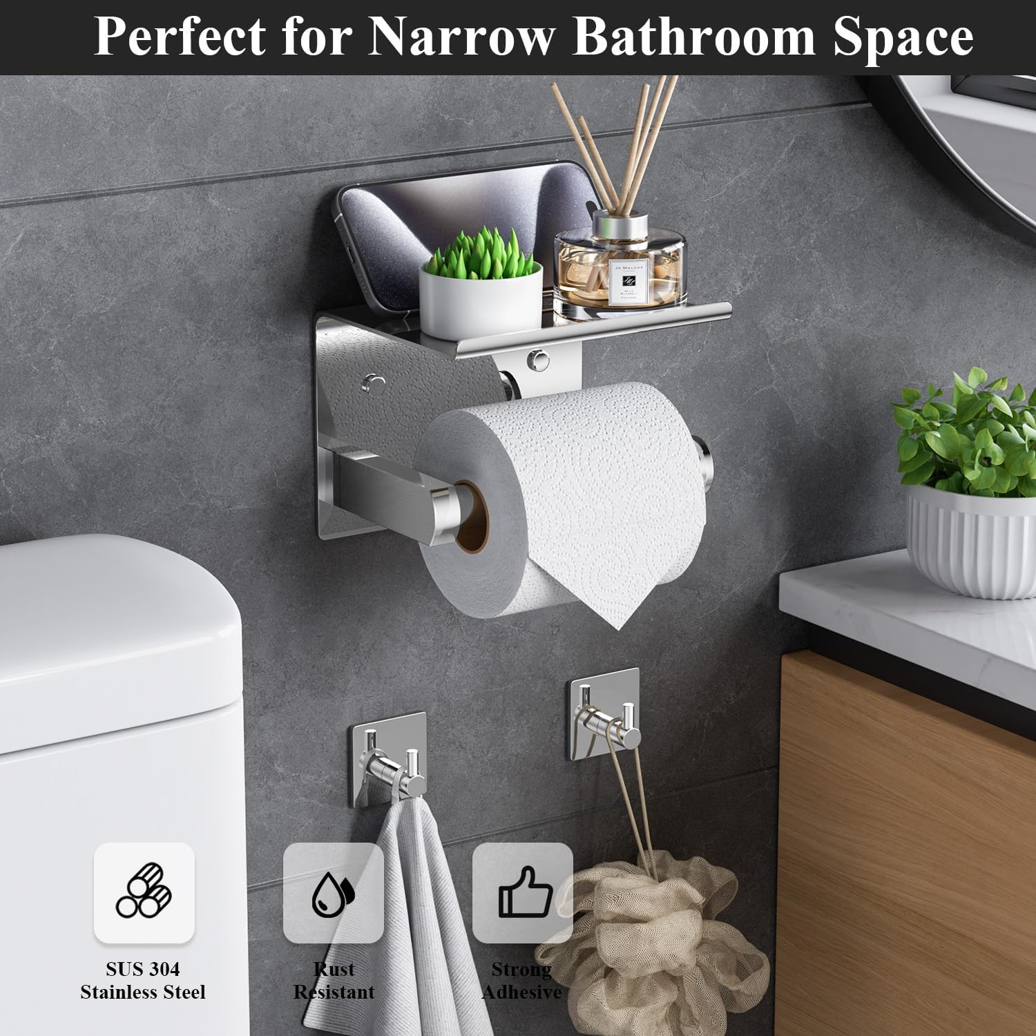 Tindbea Toilet Paper Holder with Phone Shelf + Towel Robe Hooks, Adhesive or Screw Wall Mounted Toilet Paper Roll Storage, Stainless Steel Bathroom Tissue Roll Holder (Polished Chrome)