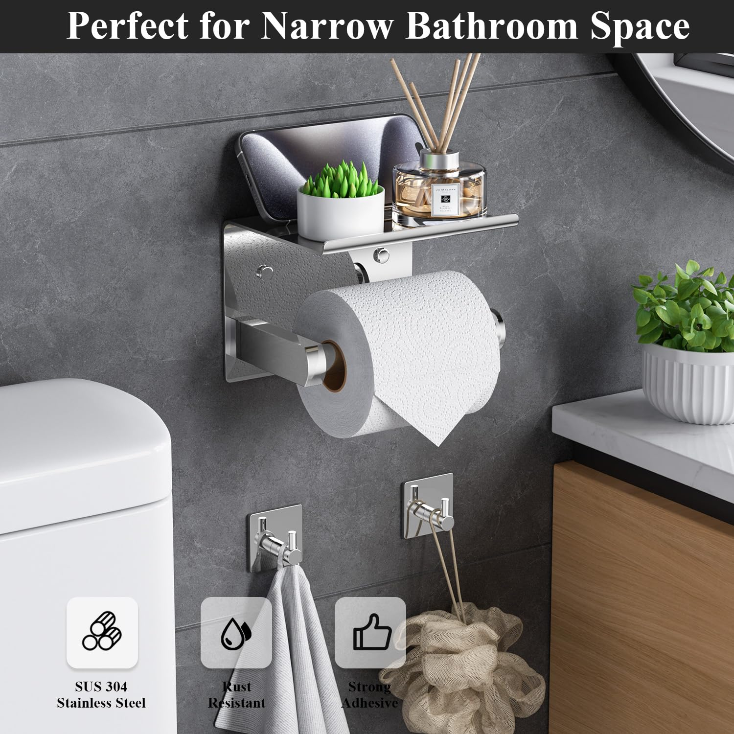 Tindbea Toilet Paper Holder with Phone Shelf + Towel Robe Hooks, Adhesive or Screw Wall Mounted Toilet Paper Roll Storage, Stainless Steel Bathroom Tissue Roll Holder (Polished Chrome)