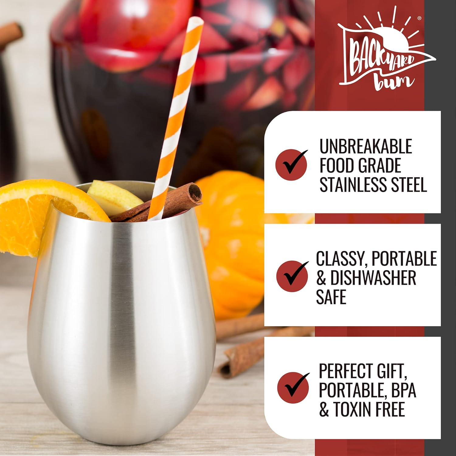 Premium Solid Stainless Steel Wine Glasses | Set of 4 Large 18 Ounce | Stemless Wine Glasses| Perfect for Entertaining Outdoors