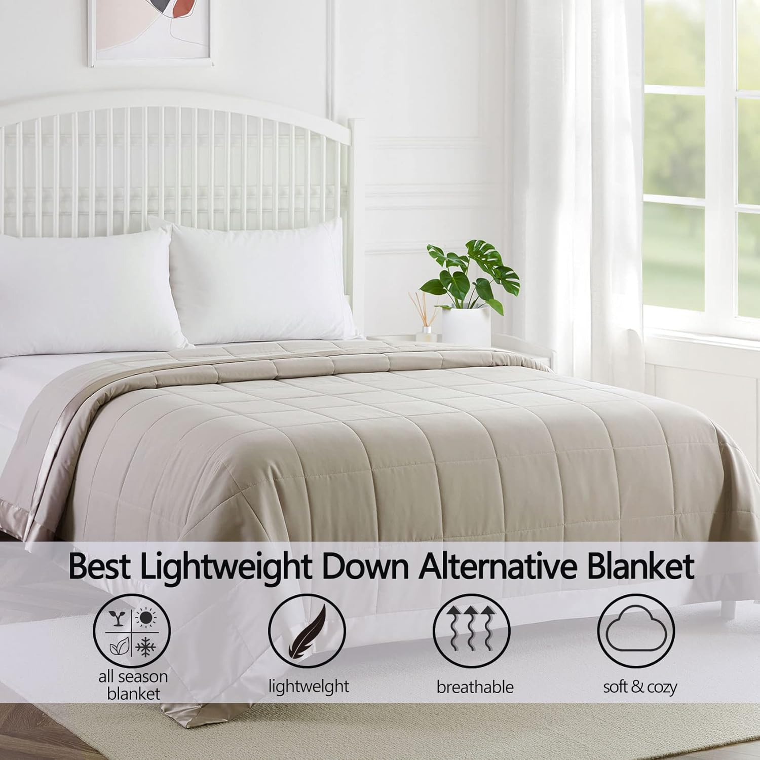 COMFLIVE Down Alternative Blanket - Queen Size Blanket with Satin Trim - Bed Blanket for All Seasons - Winter Summer Comfort Soft 90"x90" (Taupe, Full/Queen)