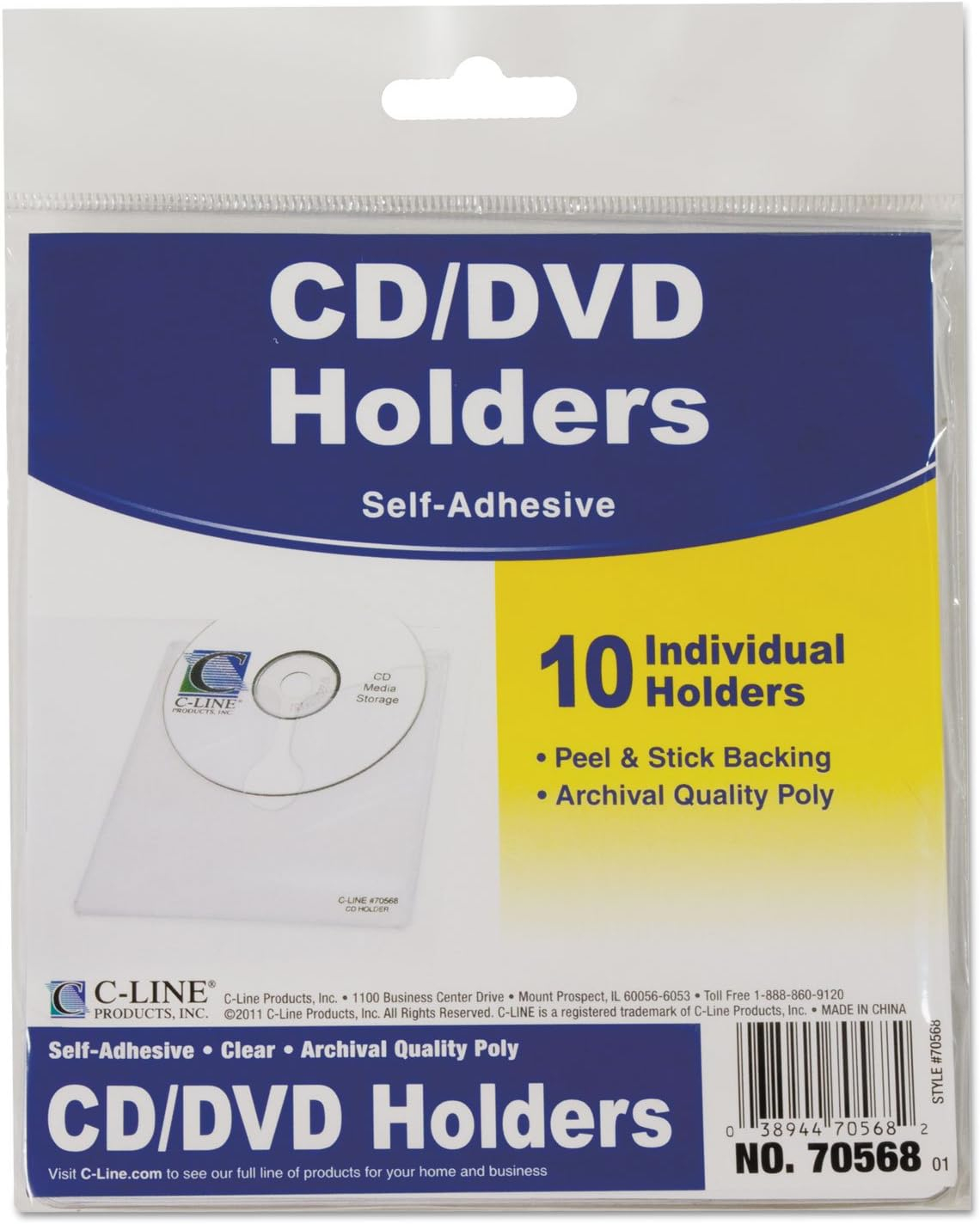 Self-Adhesive CD Holder, 1 Disc Capacity, Clear, 10/Pack