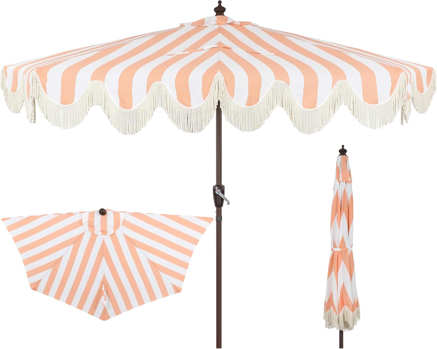 JONATHAN Y Half Umbrella UMB1201E Beverly 9 ft. Designer Classic Scalloped Fringe Market Patio with Crank, Push Button Tilt and UV Protection in Coral Pink/White