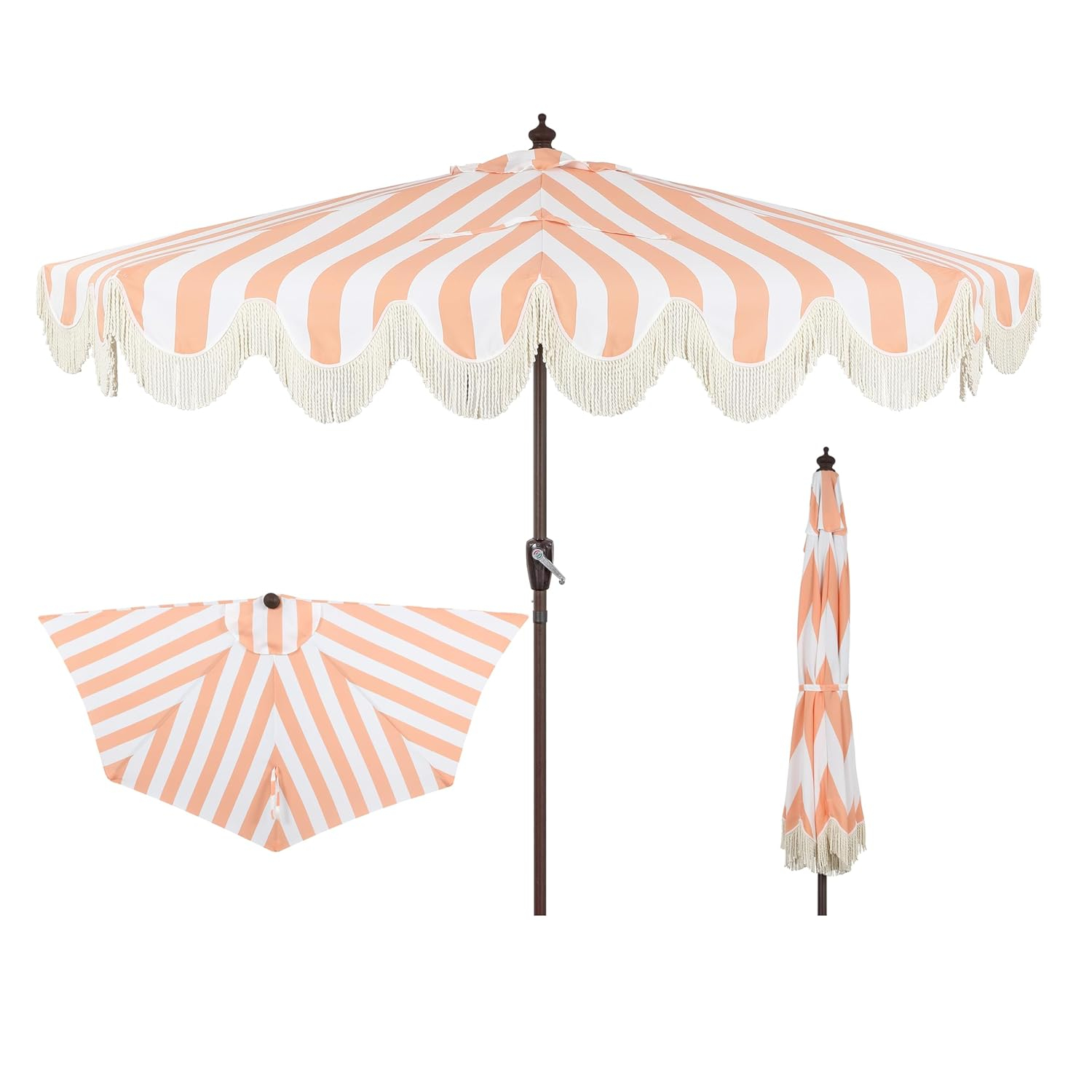 JONATHAN Y Half Umbrella UMB1201E Beverly 9 ft. Designer Classic Scalloped Fringe Market Patio with Crank, Push Button Tilt and UV Protection in Coral Pink/White