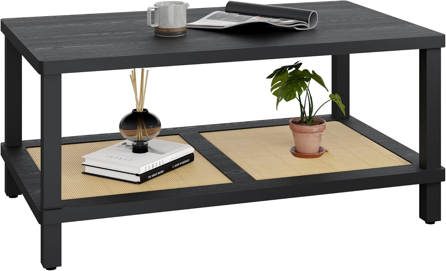 VASAGLE 2-Tier Coffee Table for Living Room, Living Room Table Rectangular Center Table, with PVC Rattan Storage Shelf, Rounded Corners, Easy Assembly, Boho Style, Ash Black ULCT240B21