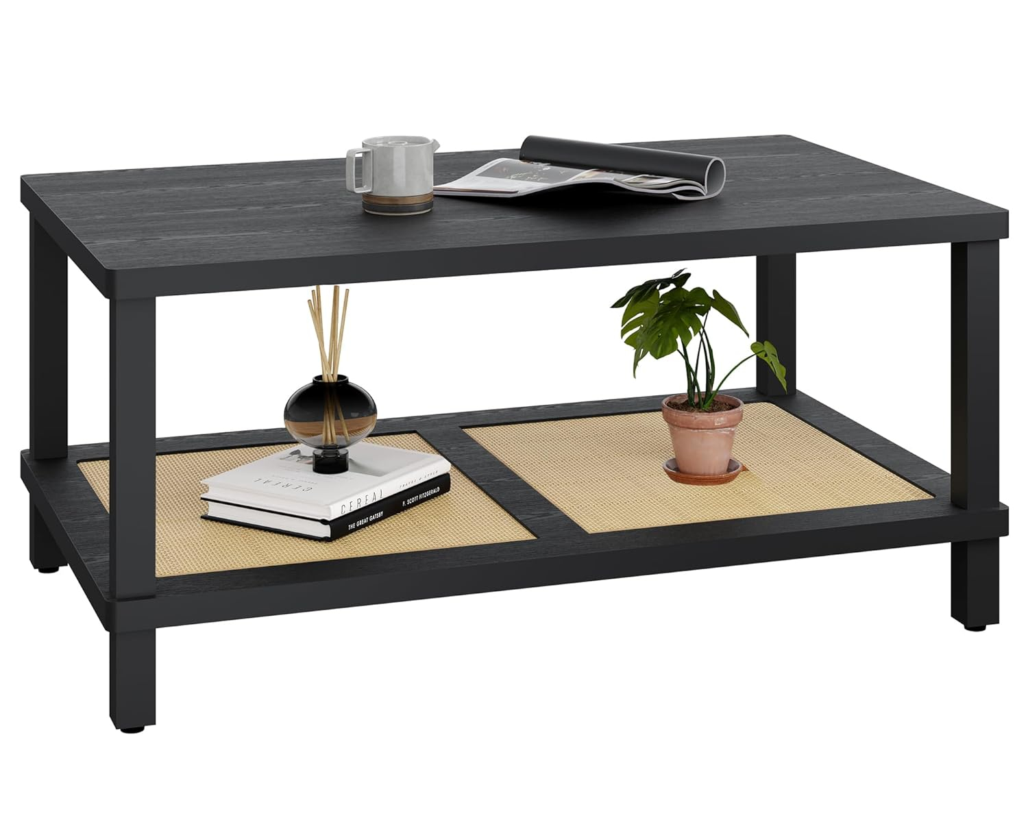 VASAGLE 2-Tier Coffee Table for Living Room, Living Room Table Rectangular Center Table, with PVC Rattan Storage Shelf, Rounded Corners, Easy Assembly, Boho Style, Ash Black ULCT240B21