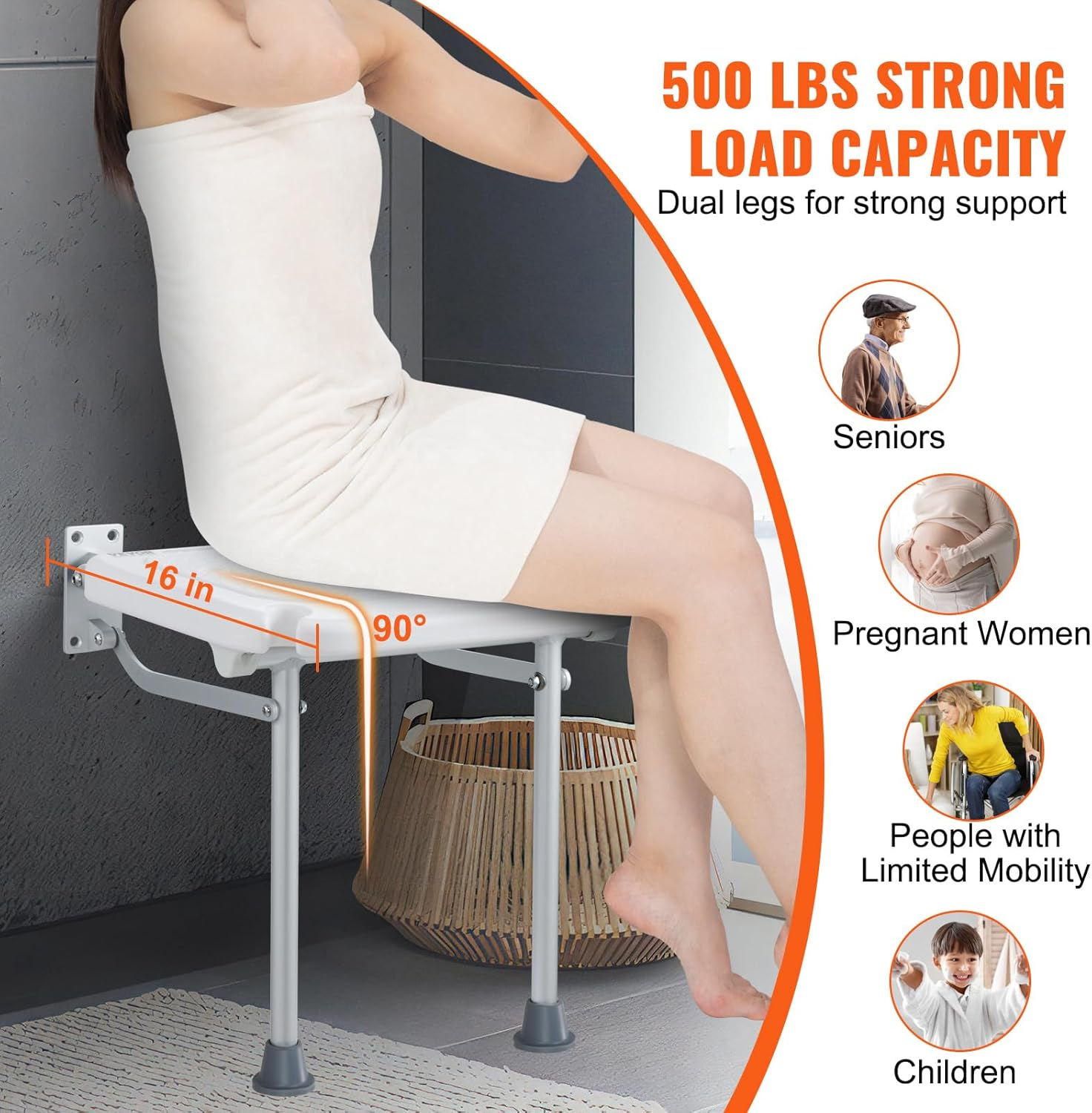 VEVOR Folding PE Shower Seat, 15.7'' x 14.8'' Unfolded, Wall Mounted Fold Up Shower Bench with 500 lbs Load Capacity, Space Saving Fold Down Shower Chair for Seniors Pregnant Women Children Adults