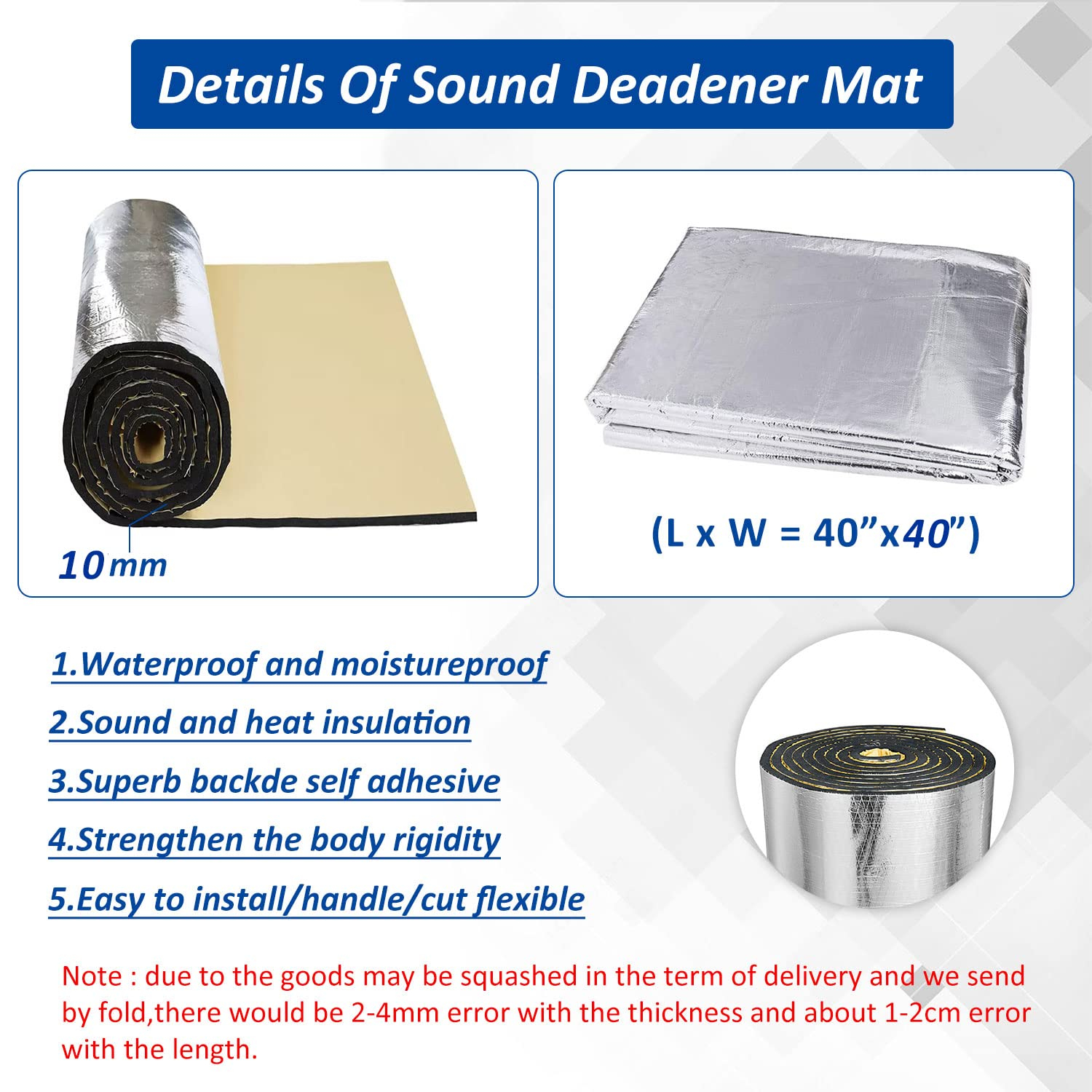 Car Heat Sound Deadening Insulation Mat, - 394 Mil 10.8 Sqft Automobile Sound Deadening & Heat Insulation Material for Auto Hood Engine Roof Door and Trunk,40 Inch x 40 Inch, Aluminum Foil Finish