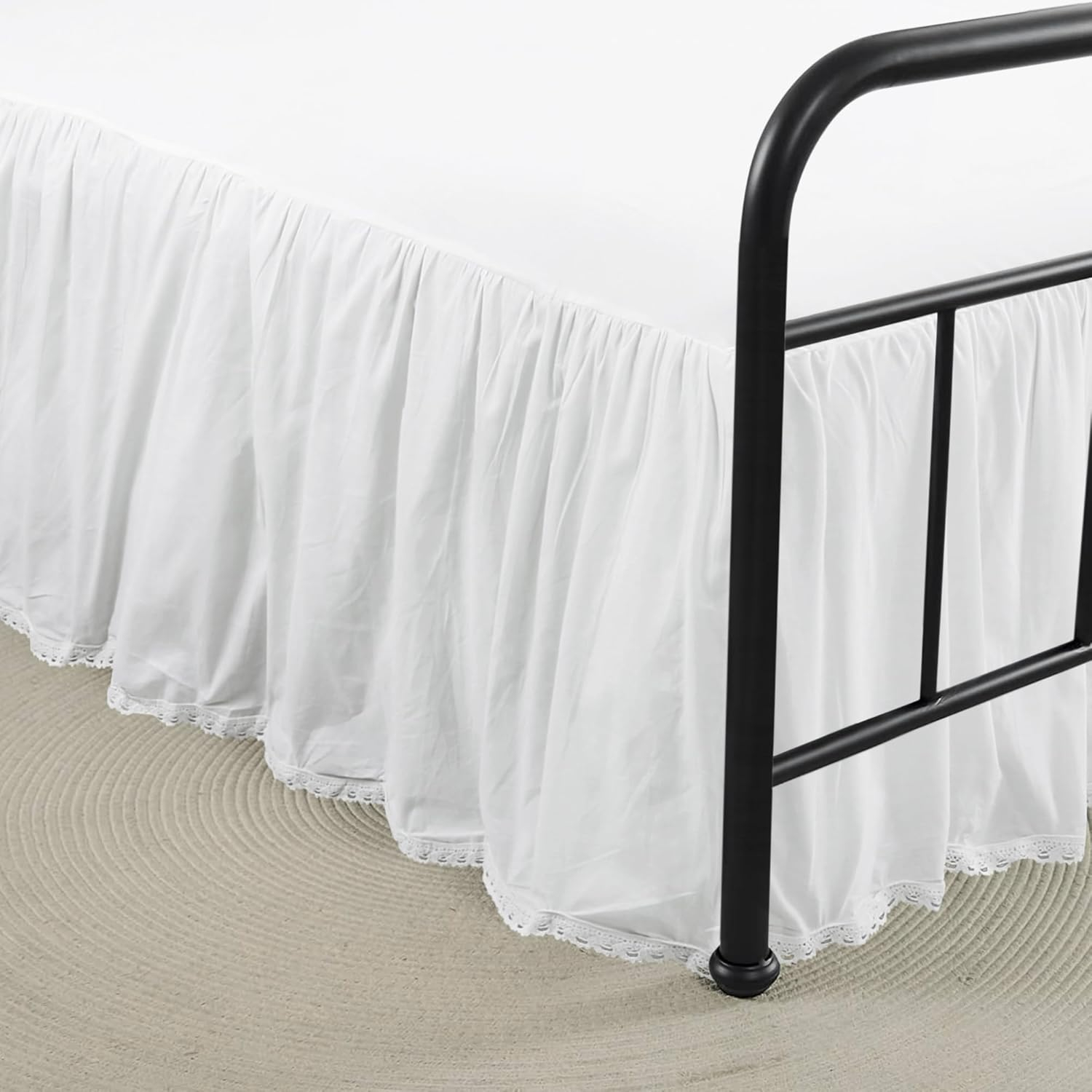 100% Lightweight Cotton Bed Skirt, Full Size 18" Drop, Crochet Edge, White Dust Ruffle, 3 Sides with Split Corners, French Romantic Style