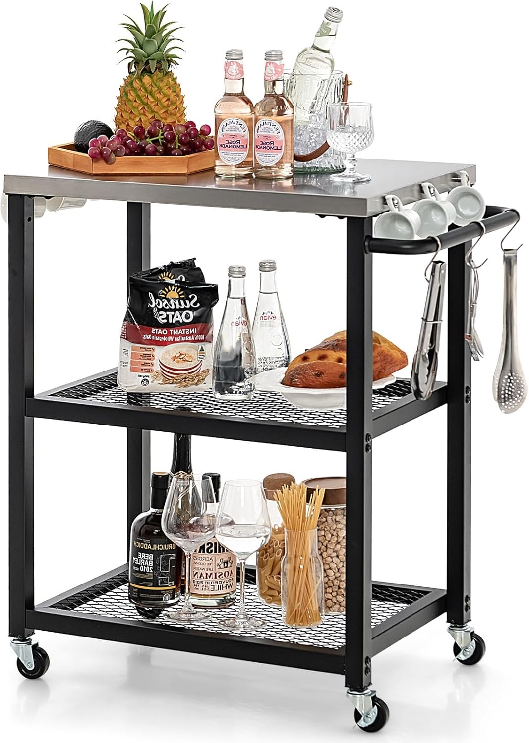 Werqueid Outdoor Grill Cart Table Pizza Oven Stand, Three-Shelf Stainless Steel Food Prep Table Patio BBQ Grill Table Bar Cart Kitchen Island with Wheels