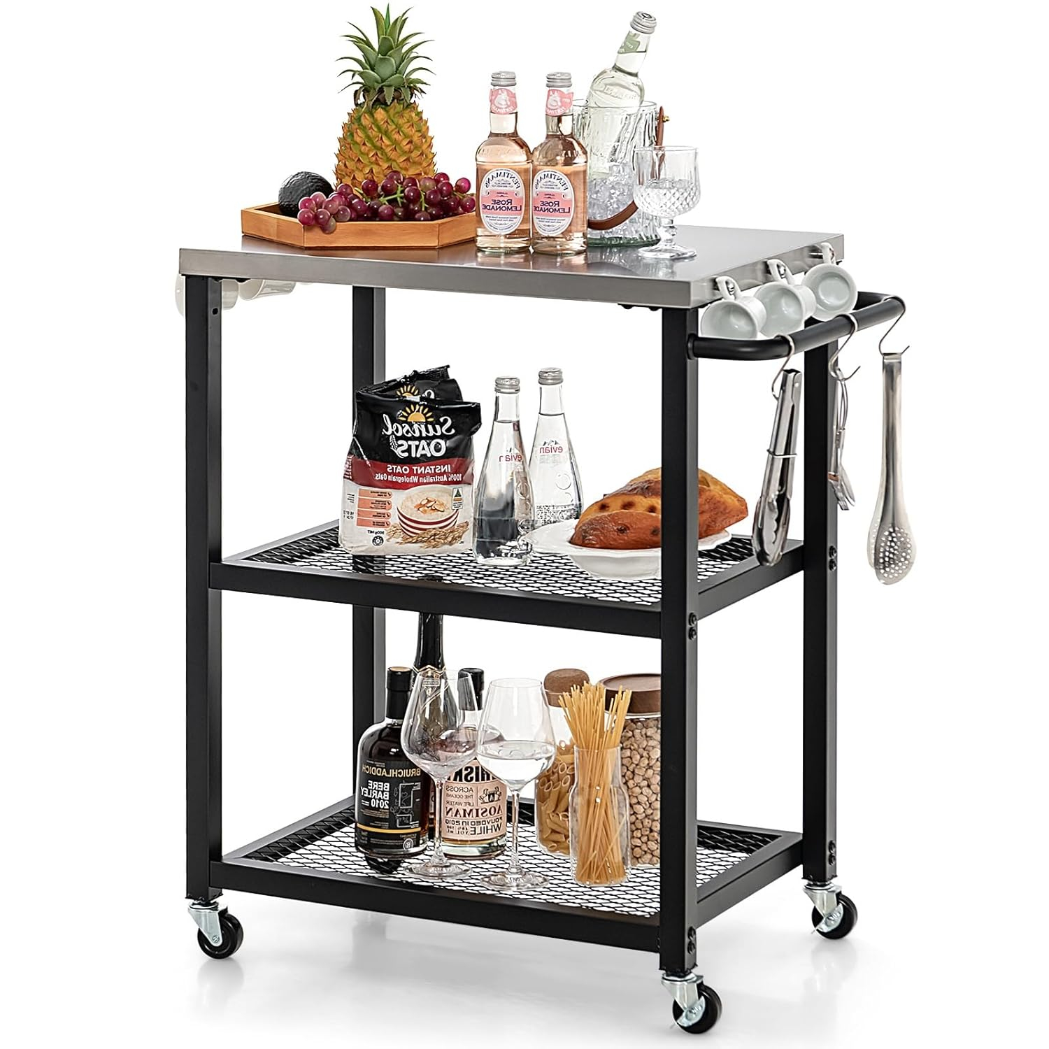 Werqueid Outdoor Grill Cart Table Pizza Oven Stand, Three-Shelf Stainless Steel Food Prep Table Patio BBQ Grill Table Bar Cart Kitchen Island with Wheels