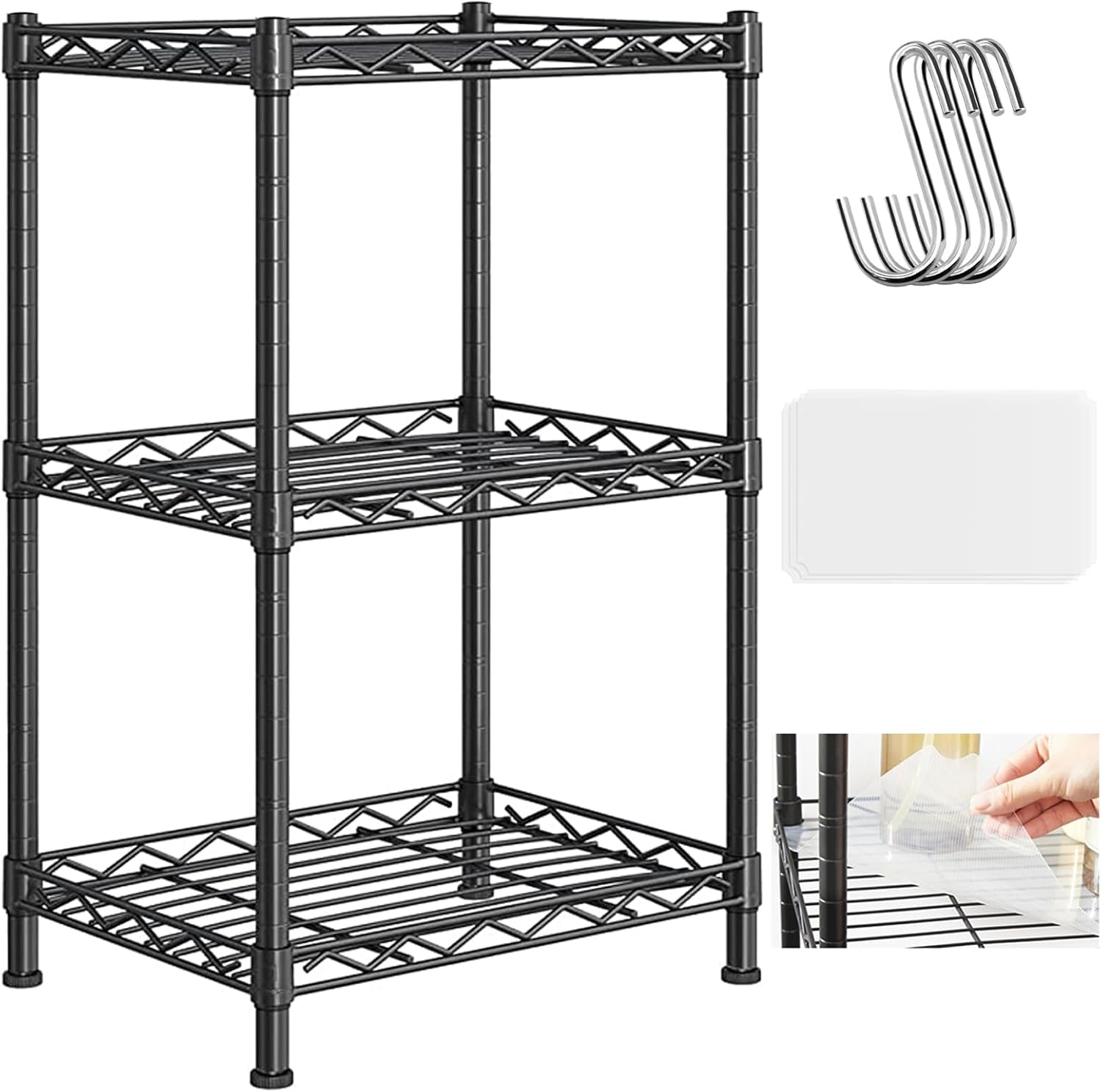Santoy 3 Tier Storage Shelves Adjustable,Rack Metal Shelf Unit for Kitchen, Bathroom, Pantry, Closet, and Bedroom - Strong Steel Wire Organizer (Black, 17.7" L x 11.8" W x 31.5" H)