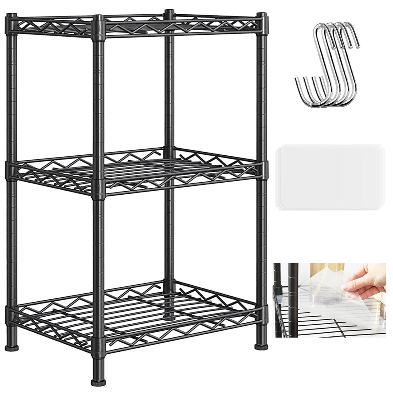 Santoy 3 Tier Storage Shelves Adjustable,Rack Metal Shelf Unit for Kitchen, Bathroom, Pantry, Closet, and Bedroom - Strong Steel Wire Organizer (Black, 17.7" L x 11.8" W x 31.5" H)