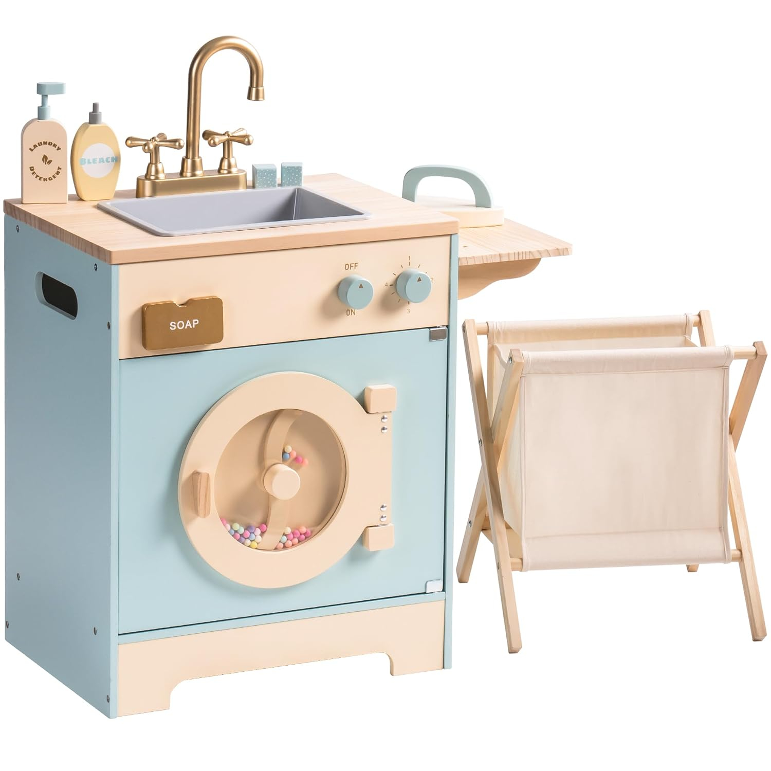 ROBOTIME Toy Kitchen Washer Playset, Wooden Toy Washing Machine for Kids with Clothes Basket, Iron and Sink, Pretend Toddlers Kitchen Toy with Accessories for Ages 3+