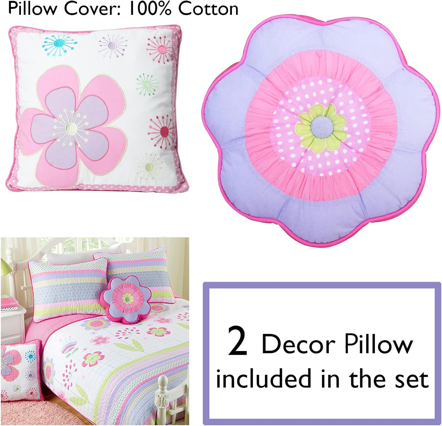 Pink Floral Cotton Reversible Queen Quilt Set with Decorative Pillows