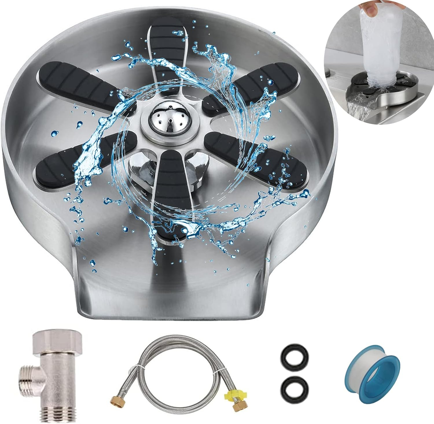 Glass-Rinser for Kitchen-Sink-Cup-Washer for Sink-Cup-Rinser-Sink-Attachment Glass-Washer for Sink-Bottle-Washer-Cup-Cleaner, Stainless Steel